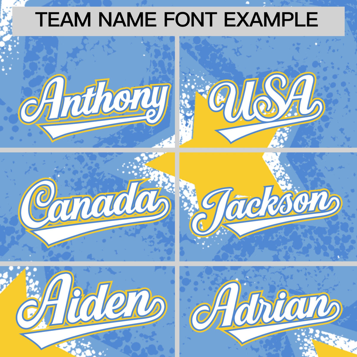 Custom Light Blue Gold White Star Graffiti Team Baseball Jerseys With Custom Names, Numbers & Logos Stretch Fabric Baseball Jersey| KXKSHOP