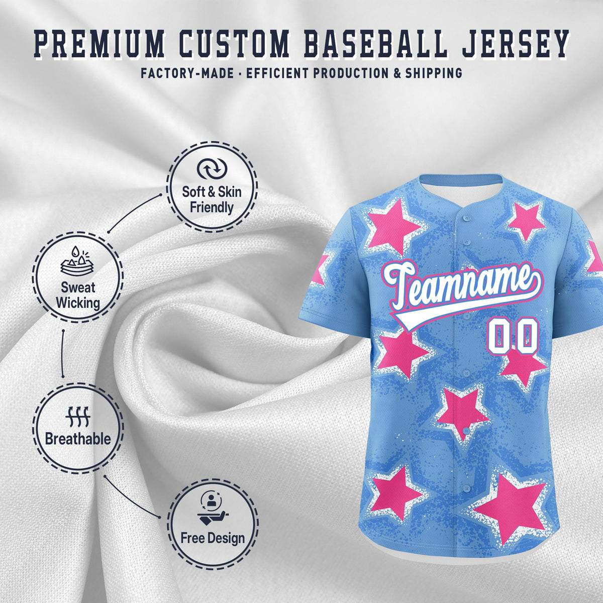 Custom Light Blue Powder Blue White Star Graffiti Team Baseball Jerseys With Custom Names, Numbers & Logos Lightweight Baseball Jersey| KXKSHOP