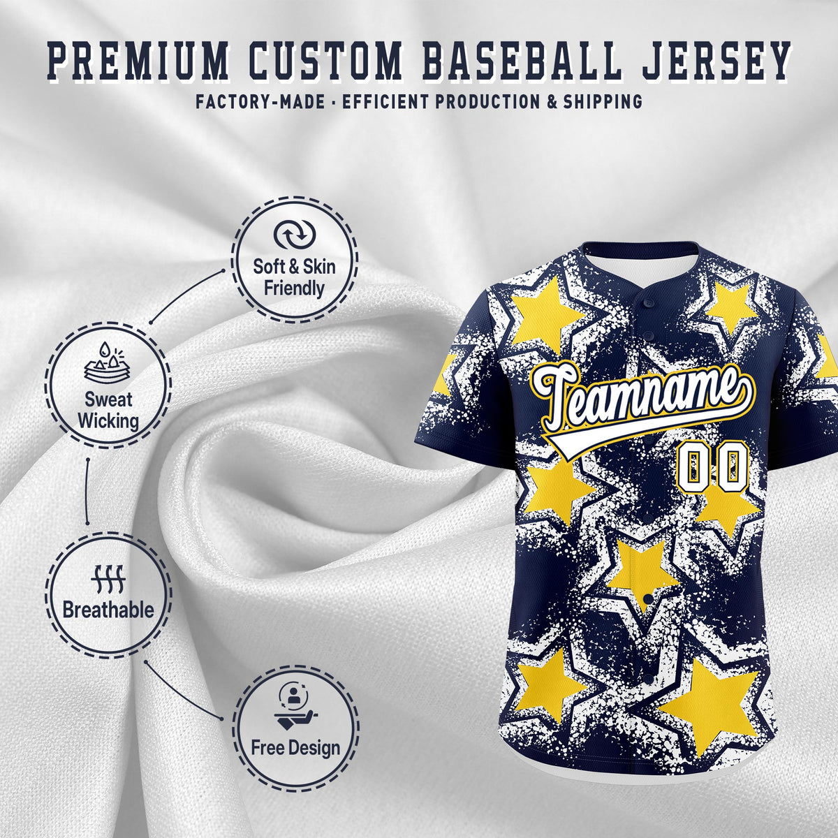 Custom Navy White Gold Star Graffiti Team Baseball Jerseys With Custom Names, Numbers & Logos Stretch Fabric Baseball Jersey| KXKSHOP