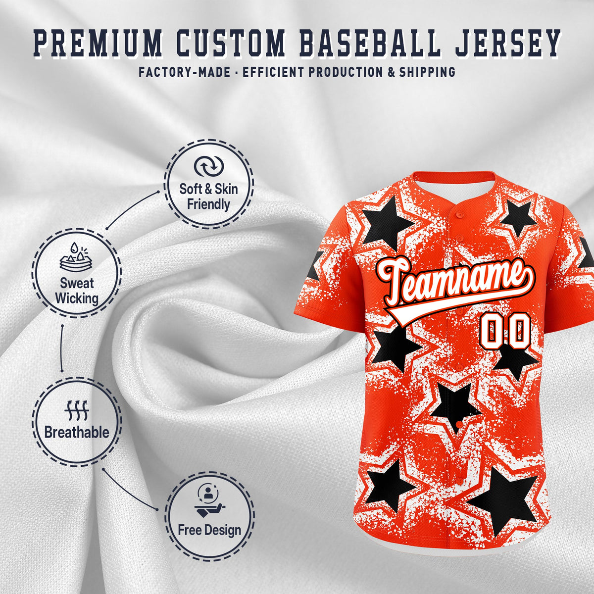 Custom Orange White Black Star Graffiti Team Baseball Jerseys With Custom Names, Numbers & Logos Stretch Fabric Baseball Jersey| KXKSHOP