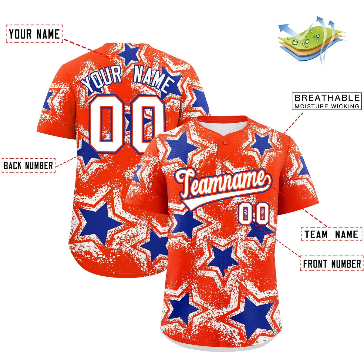 Custom Orange White Royal Blue Star Graffiti Team Baseball Jerseys With Custom Names, Numbers & Logos Lightweight Baseball Jersey| KXKSHOP
