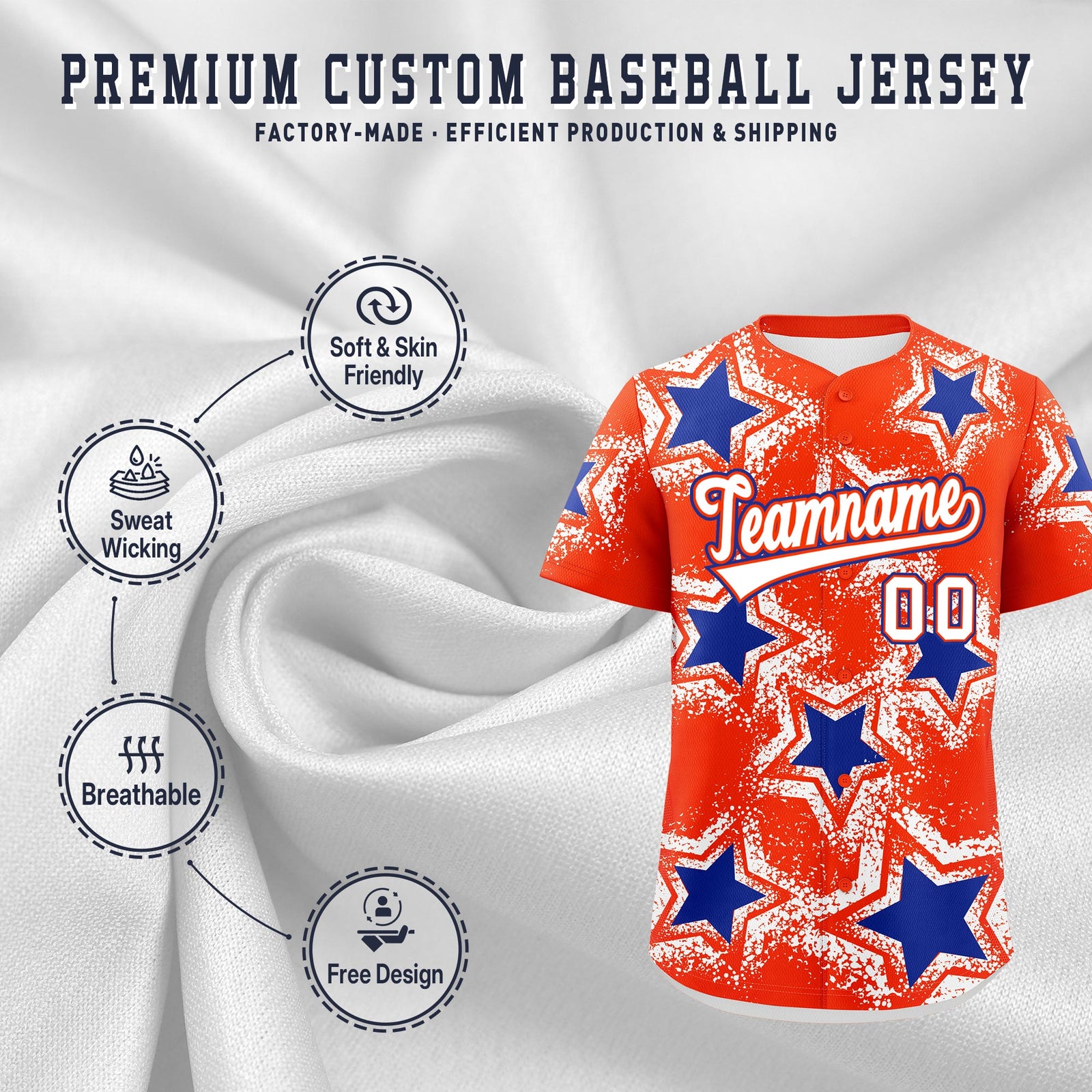 Custom Orange White Royal Blue Star Graffiti Team Baseball Jerseys With Custom Names, Numbers & Logos Lightweight Baseball Jersey| KXKSHOP