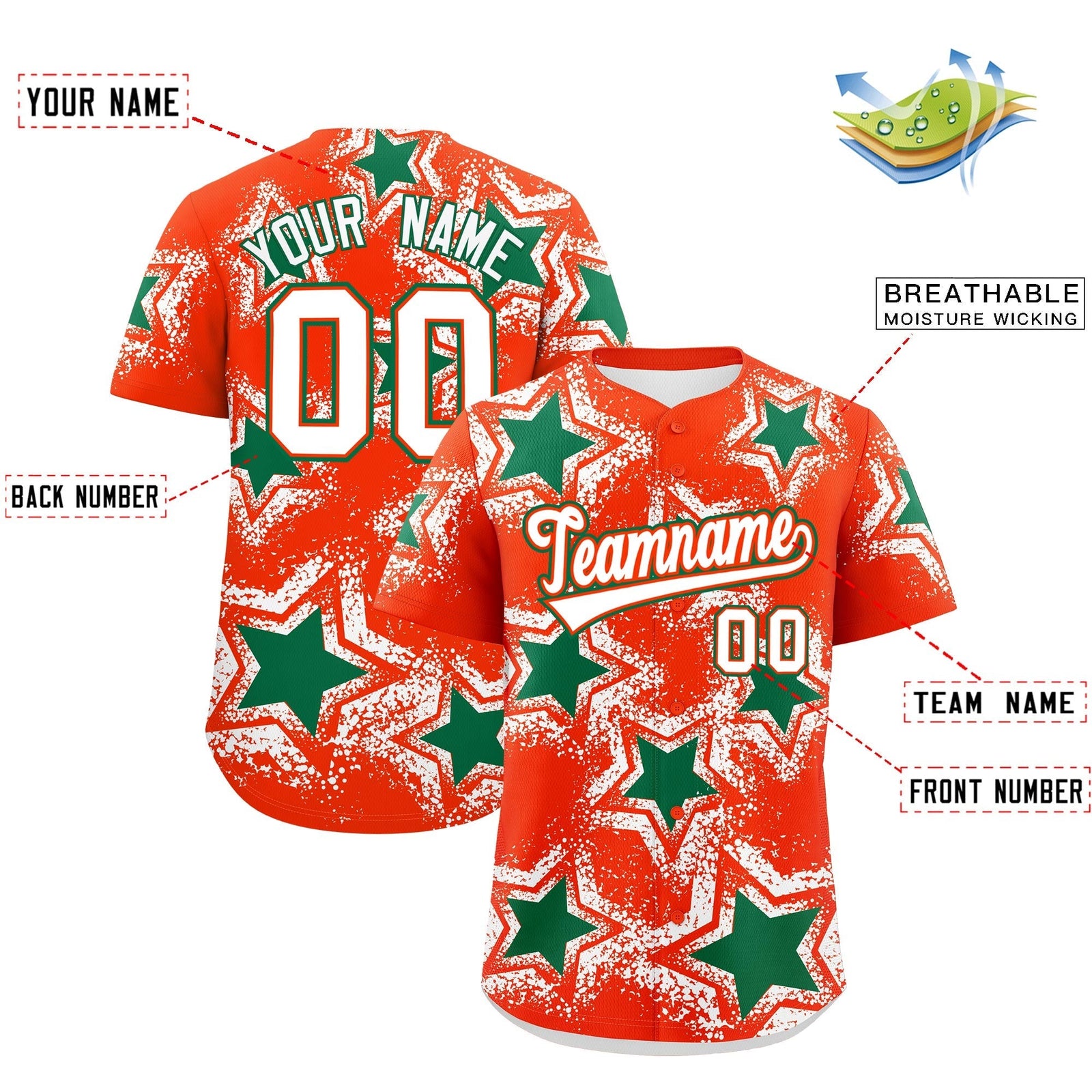 Custom Orange White Kelly Green Star Graffiti Team Baseball Jerseys With Custom Names, Numbers & Logos Lightweight Baseball Jersey| KXKSHOP