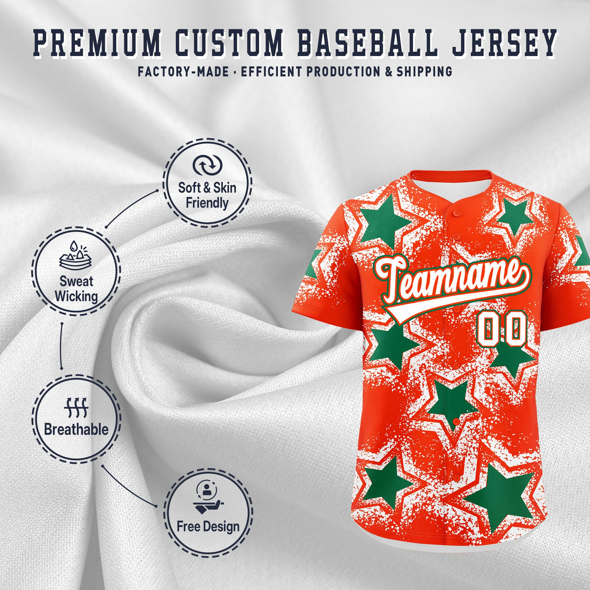 Custom Orange White Kelly Green Star Graffiti Team Baseball Jerseys With Custom Names, Numbers & Logos Lightweight Baseball Jersey| KXKSHOP