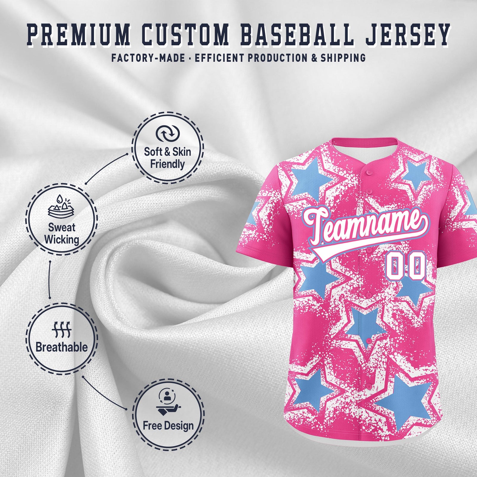 Custom Pink White Light Blue Star Graffiti Team Baseball Jerseys With Custom Names, Numbers & Logos Lightweight Baseball Jersey| KXKSHOP