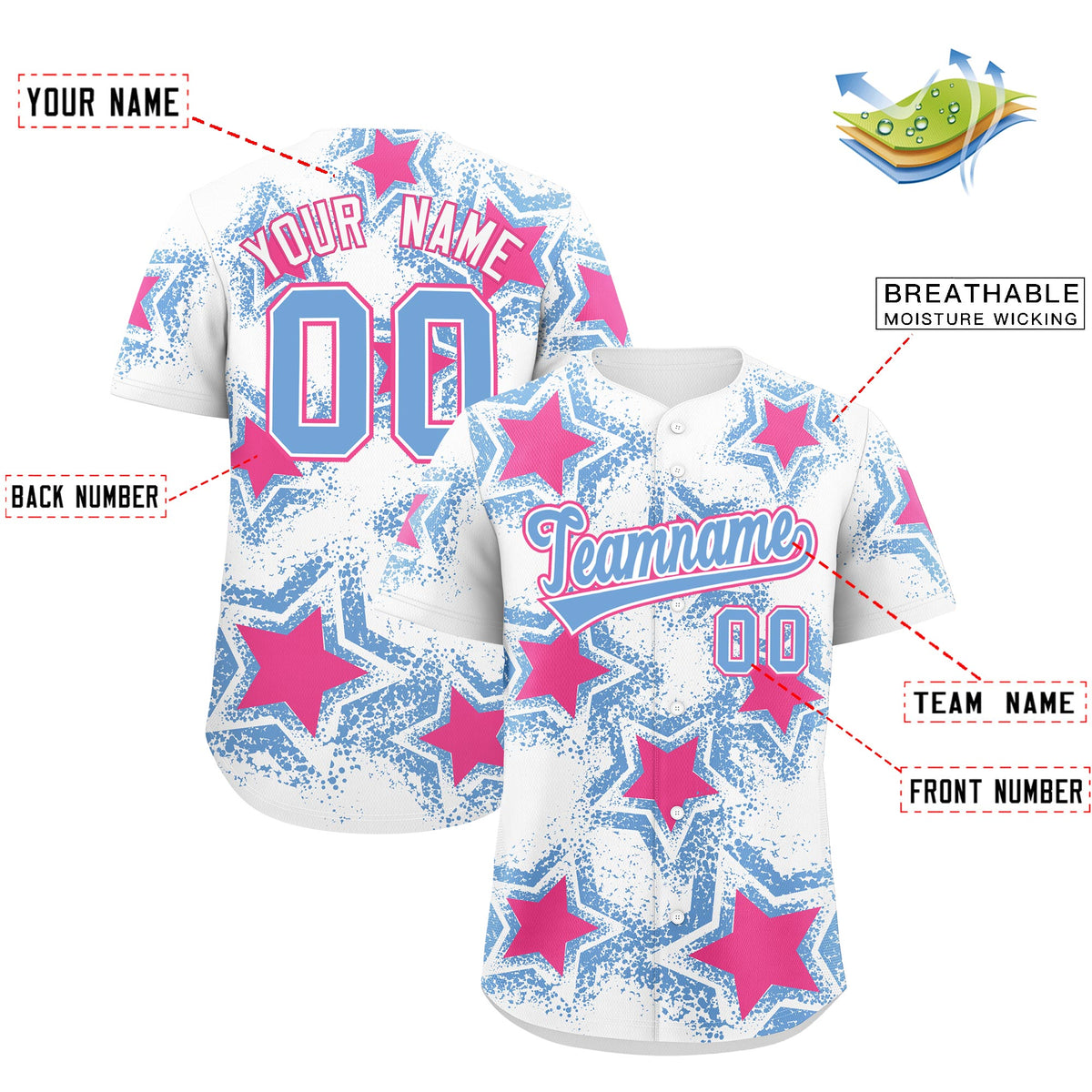 Custom White Light Blue Pink Star Graffiti Team Baseball Jerseys With Custom Names, Numbers & Logos Stretch Fabric Baseball Jersey| KXKSHOP