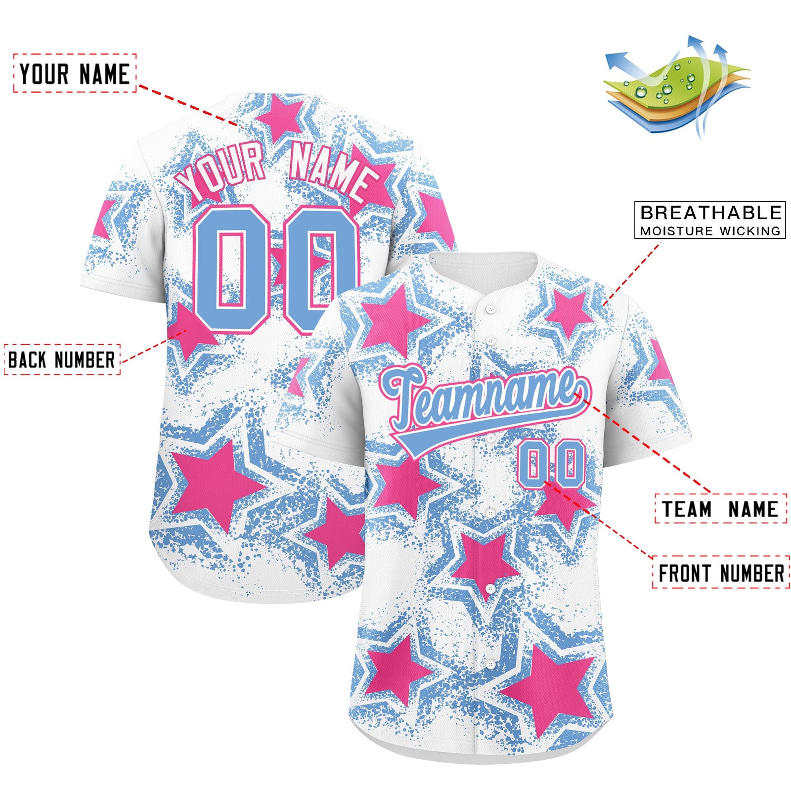 Custom White Light Blue Pink Star Graffiti Team Baseball Jerseys With Custom Names, Numbers & Logos Stretch Fabric Baseball Jersey| KXKSHOP