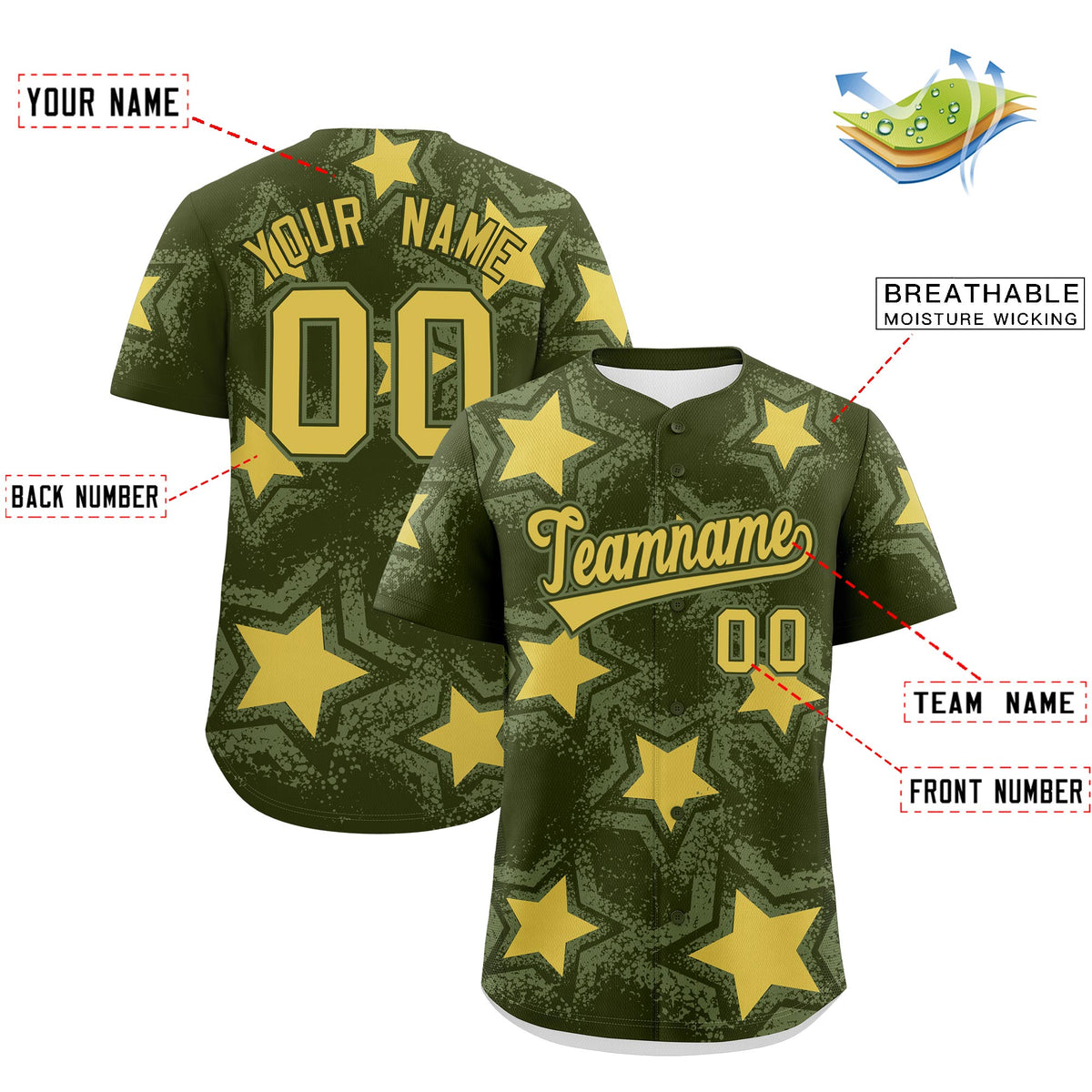 Custom Olive Khaki Star Graffiti Team Baseball Jerseys With Custom Names, Numbers & Logos Stretch Fabric Baseball Jersey| KXKSHOP