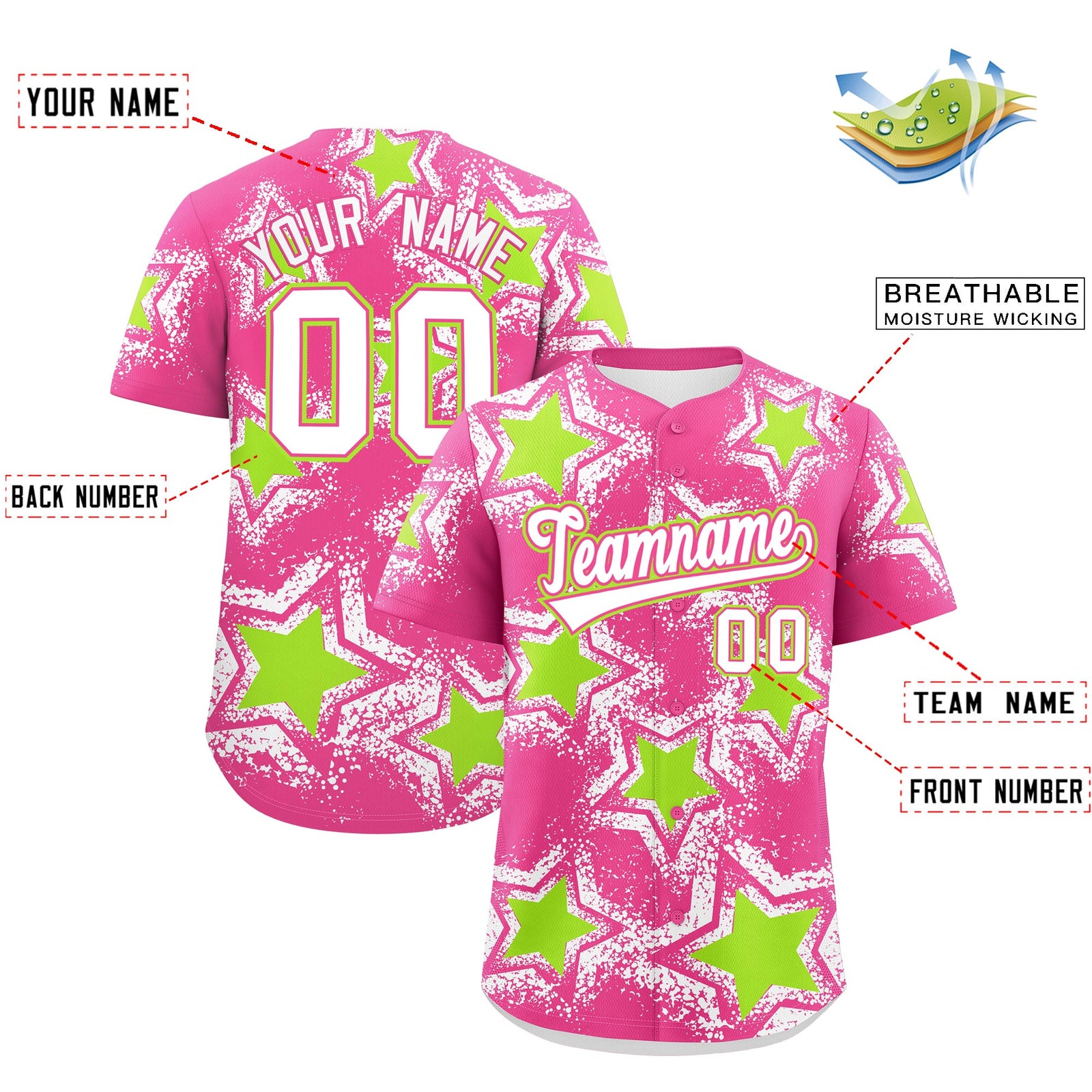 Custom Pink White Neon Green Star Graffiti Team Baseball Jerseys With Custom Names, Numbers & Logos Lightweight Baseball Jersey| KXKSHOP
