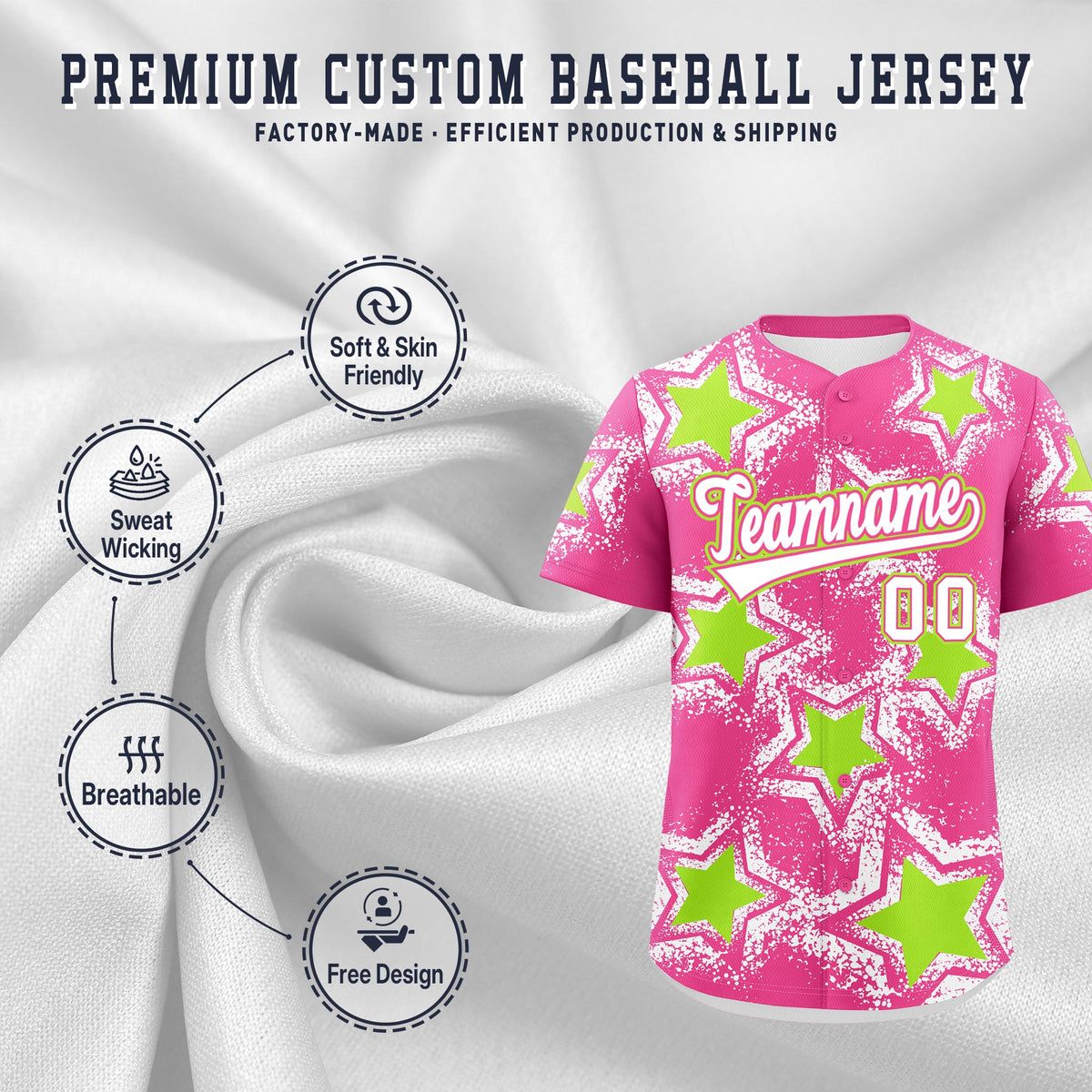 Custom Pink White Neon Green Star Graffiti Team Baseball Jerseys With Custom Names, Numbers & Logos Lightweight Baseball Jersey| KXKSHOP