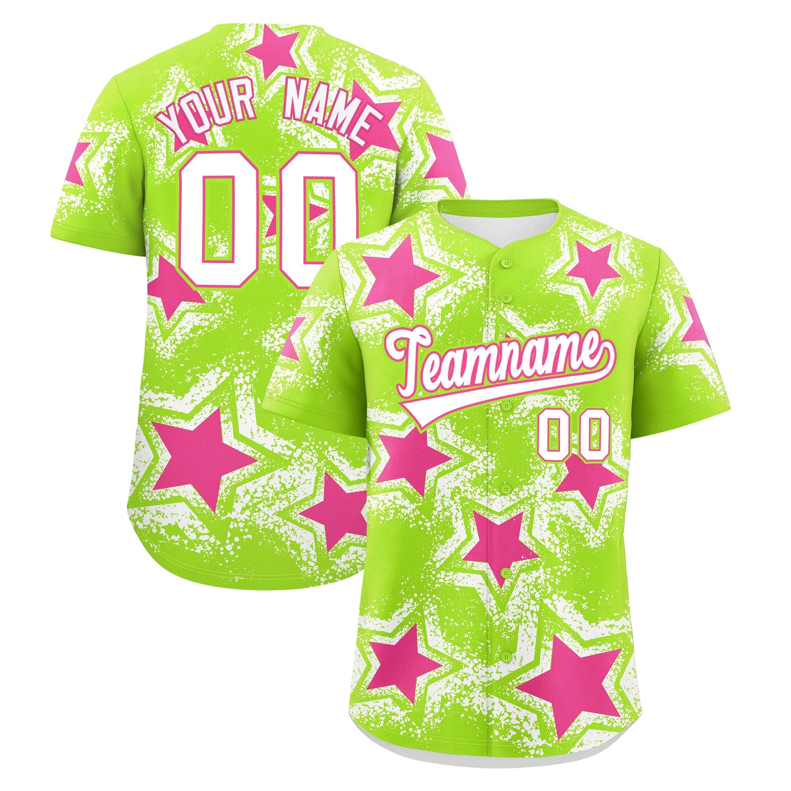 Custom Neon Green White Pink Star Graffiti Team Baseball Jerseys With Custom Names, Numbers & Logos Stretch Fabric Baseball Jersey| KXKSHOP