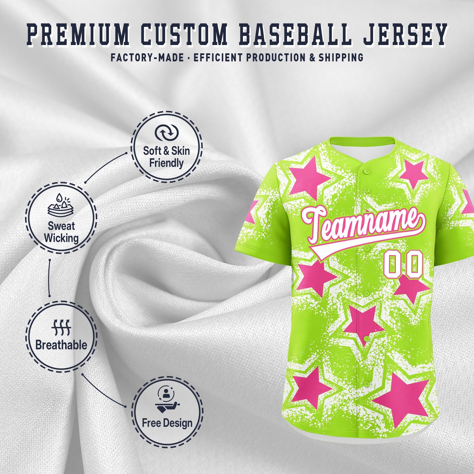 Custom Neon Green White Pink Star Graffiti Team Baseball Jerseys With Custom Names, Numbers & Logos Stretch Fabric Baseball Jersey| KXKSHOP