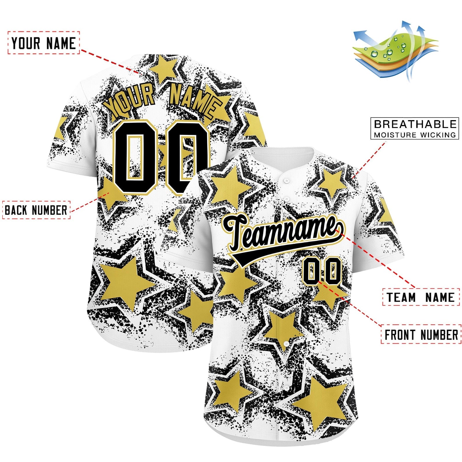 Custom White Black Old Gold Star Graffiti Team Baseball Jerseys With Custom Names, Numbers & Logos Stretch Fabric Baseball Jersey| KXKSHOP
