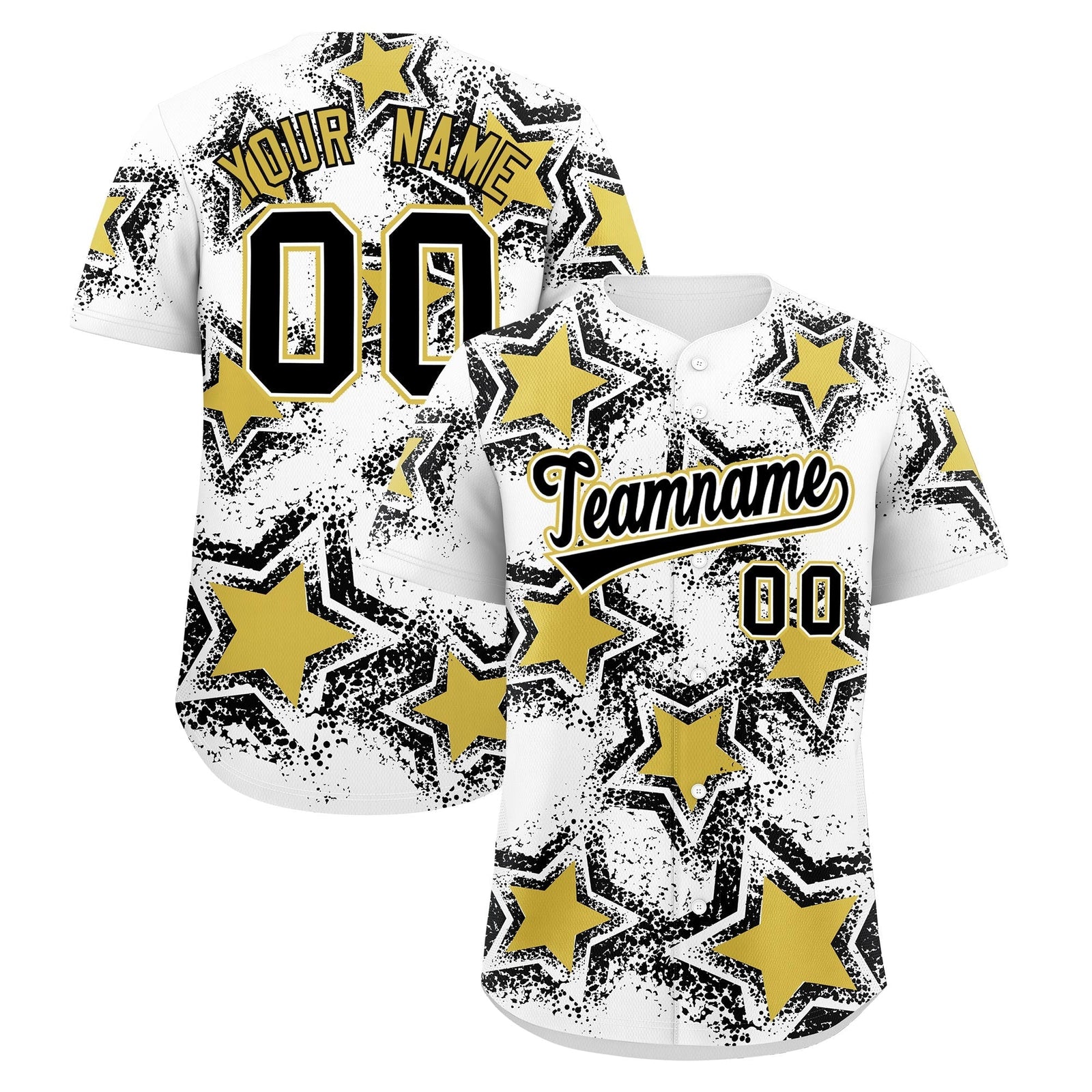 Custom White Black Old Gold Star Graffiti Team Baseball Jerseys With Custom Names, Numbers & Logos Stretch Fabric Baseball Jersey| KXKSHOP
