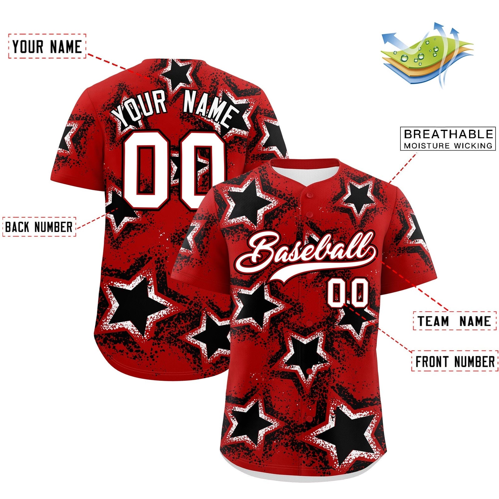 Custom Red Black White Star Graffiti Team Baseball Jerseys With Custom Names, Numbers & Logos Lightweight Baseball Jersey| KXKSHOP