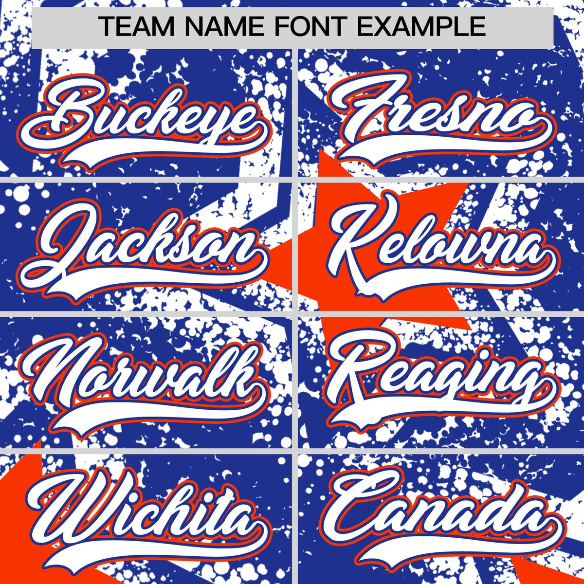 Custom Royal Blue Orange White Star Graffiti Team Baseball Jerseys With Custom Names, Numbers & Logos Stretch Fabric Baseball Jersey| KXKSHOP