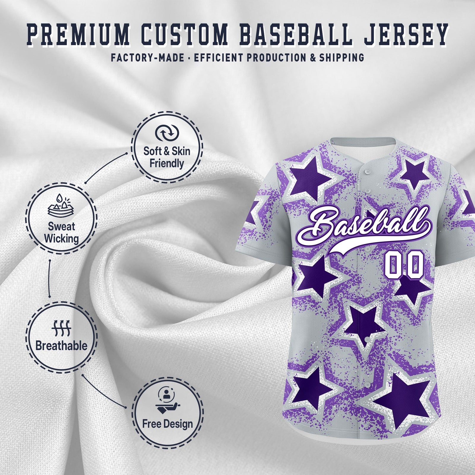 Custom Silver Purple White Star Graffiti Team Baseball Jerseys With Custom Names, Numbers & Logos Lightweight Baseball Jersey| KXKSHOP