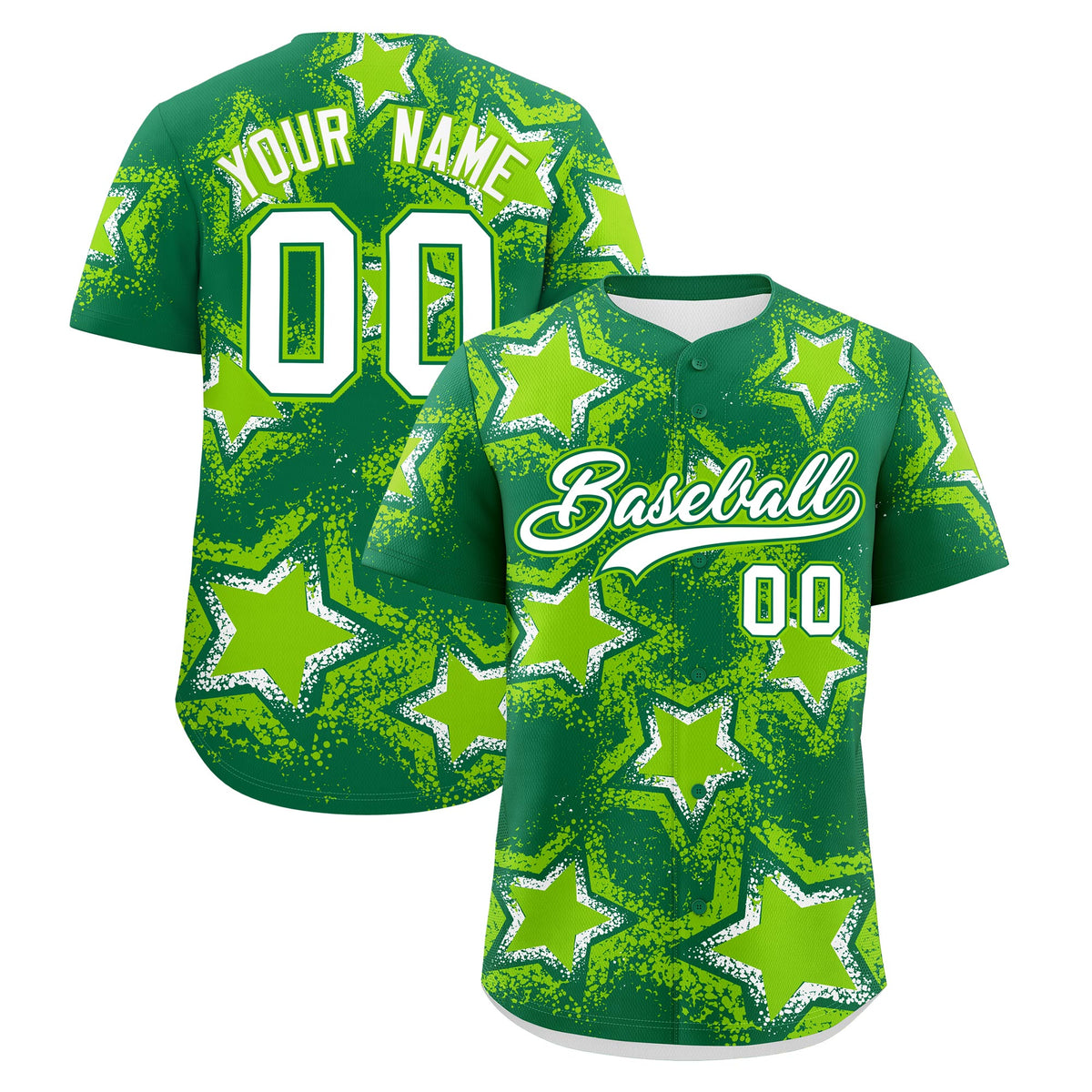 Custom Kelly Green Neon Green White Star Graffiti Team Baseball Jerseys With Custom Names, Numbers & Logos Stretch Fabric Baseball Jersey| KXKSHOP