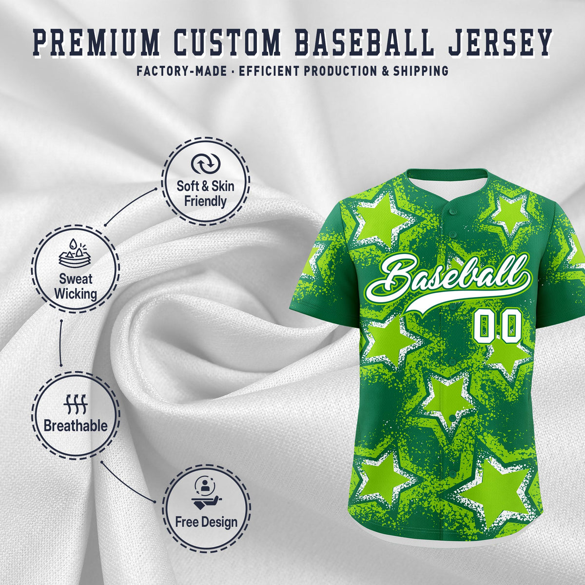 Custom Kelly Green Neon Green White Star Graffiti Team Baseball Jerseys With Custom Names, Numbers & Logos Stretch Fabric Baseball Jersey| KXKSHOP