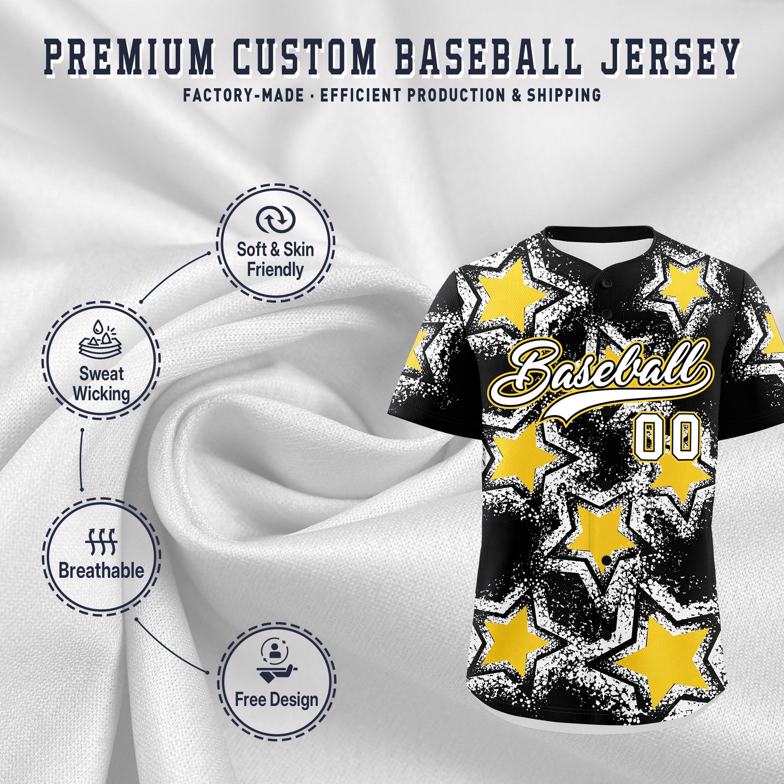 Custom Black Gold White Star Graffiti Team Baseball Jerseys With Custom Names, Numbers & Logos Lightweight Baseball Jersey| KXKSHOP