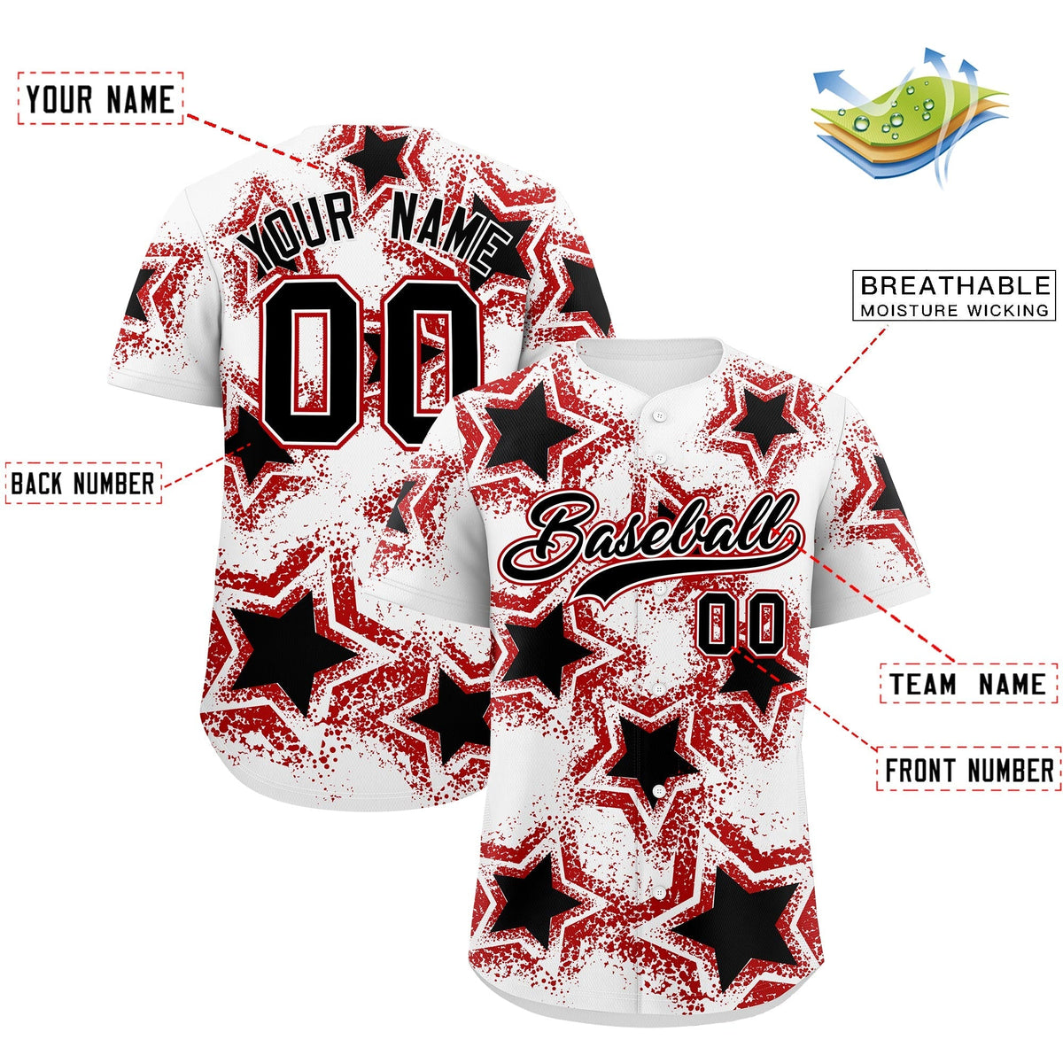 Custom White Black Red Star Graffiti Team Baseball Jerseys With Custom Names, Numbers & Logos Stretch Fabric Baseball Jersey| KXKSHOP