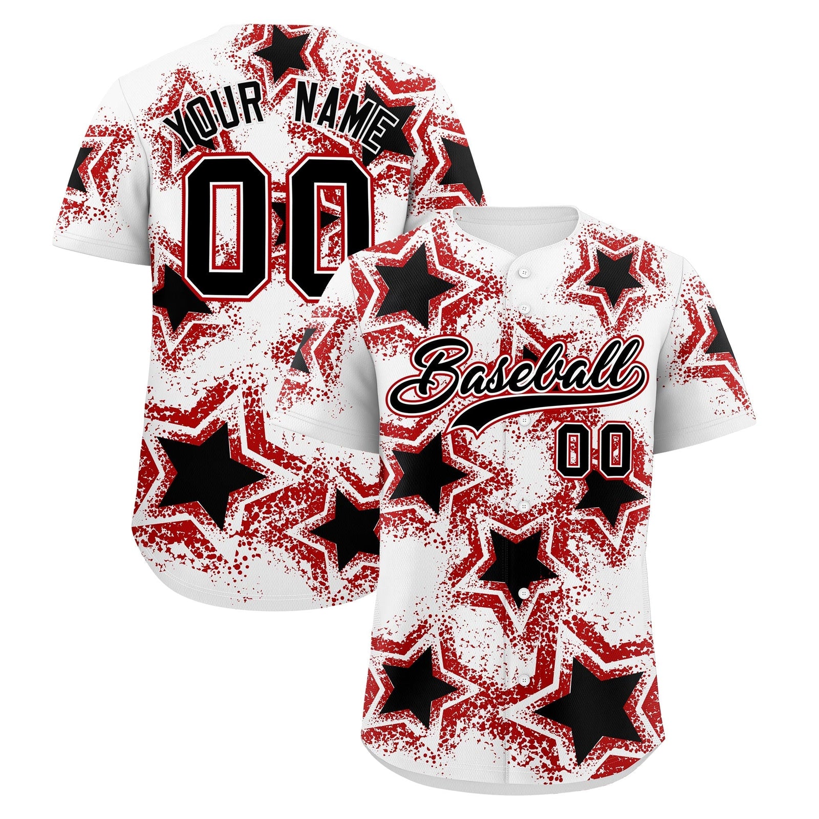 Custom White Black Red Star Graffiti Team Baseball Jerseys With Custom Names, Numbers & Logos Stretch Fabric Baseball Jersey| KXKSHOP