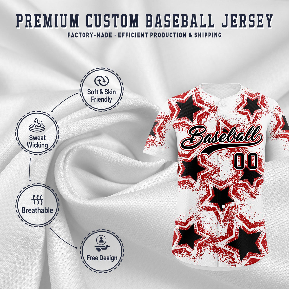 Custom White Black Red Star Graffiti Team Baseball Jerseys With Custom Names, Numbers & Logos Stretch Fabric Baseball Jersey| KXKSHOP
