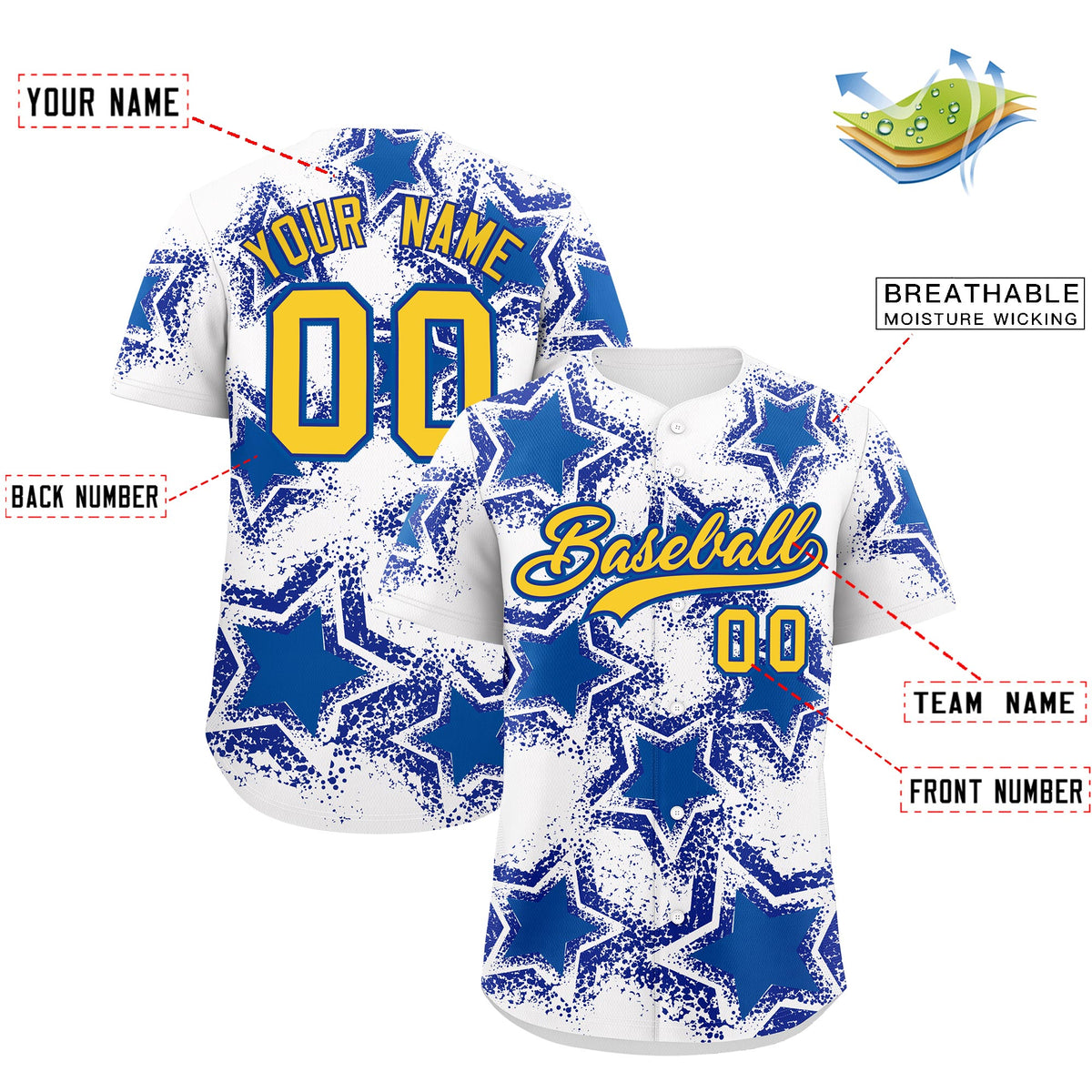 Custom White Royal Blue Royal Star Graffiti Team Baseball Jerseys With Custom Names, Numbers & Logos Stretch Fabric Baseball Jersey| KXKSHOP