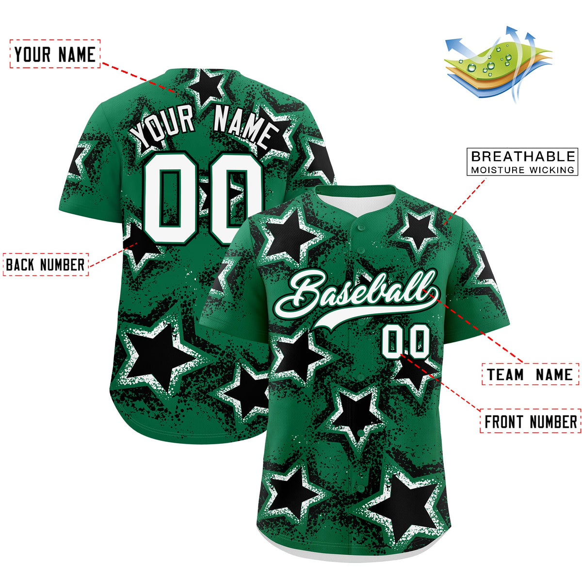 Custom Kelly Green White Black Star Graffiti Team Baseball Jerseys With Custom Names, Numbers & Logos Stretch Fabric Baseball Jersey| KXKSHOP