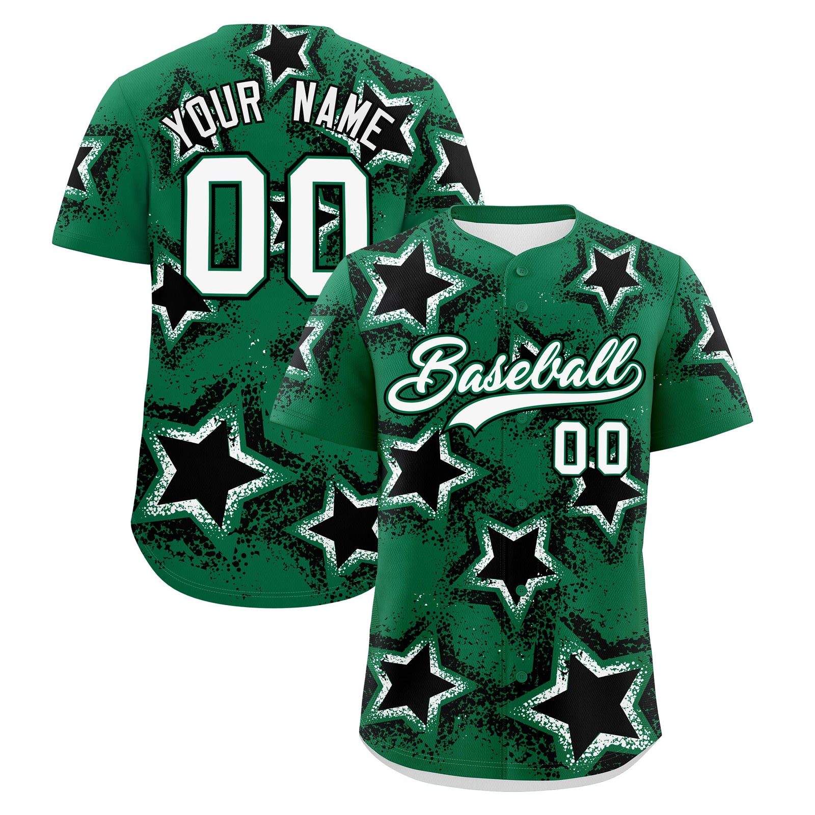 Custom Kelly Green White Black Star Graffiti Team Baseball Jerseys With Custom Names, Numbers & Logos Stretch Fabric Baseball Jersey| KXKSHOP