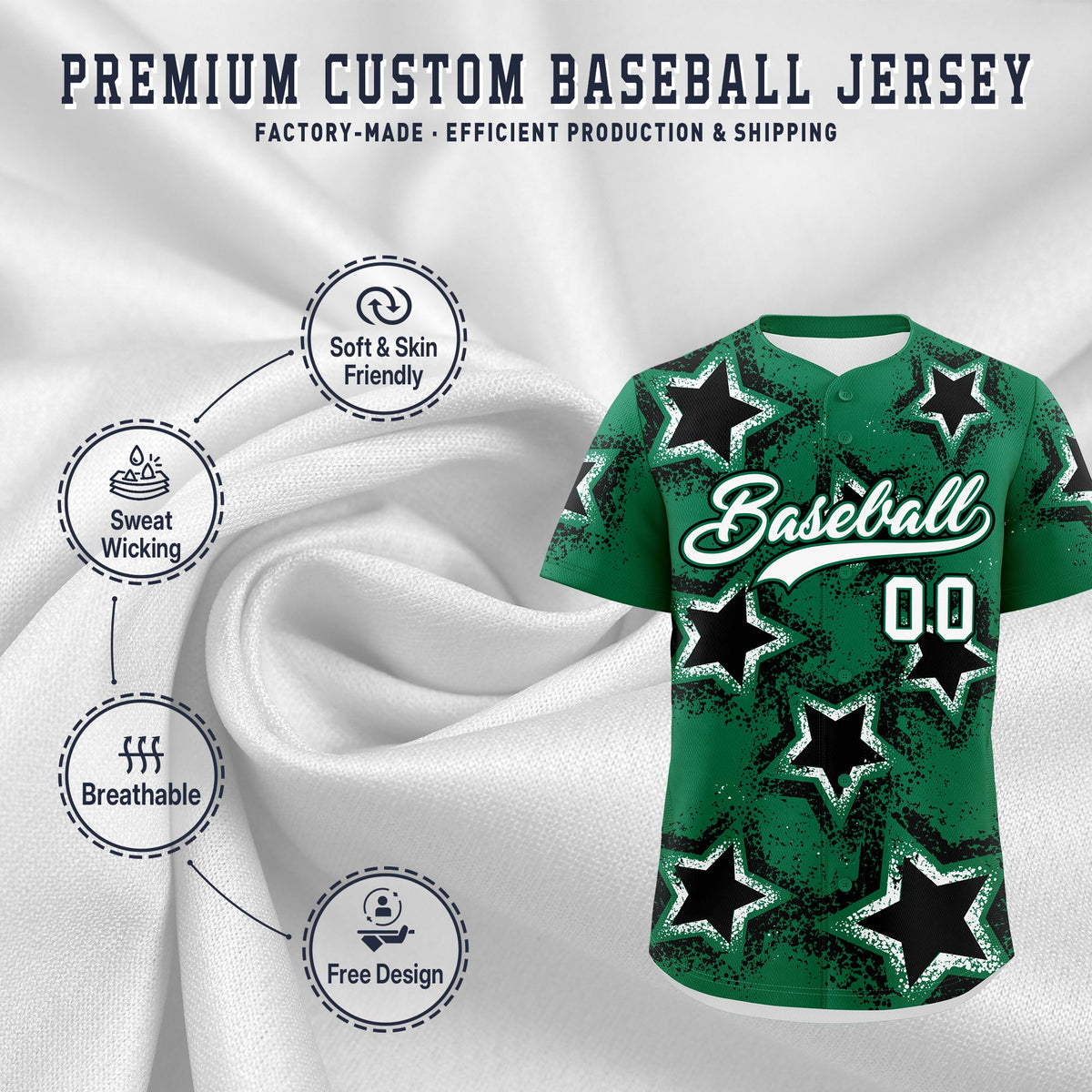 Custom Kelly Green White Black Star Graffiti Team Baseball Jerseys With Custom Names, Numbers & Logos Stretch Fabric Baseball Jersey| KXKSHOP