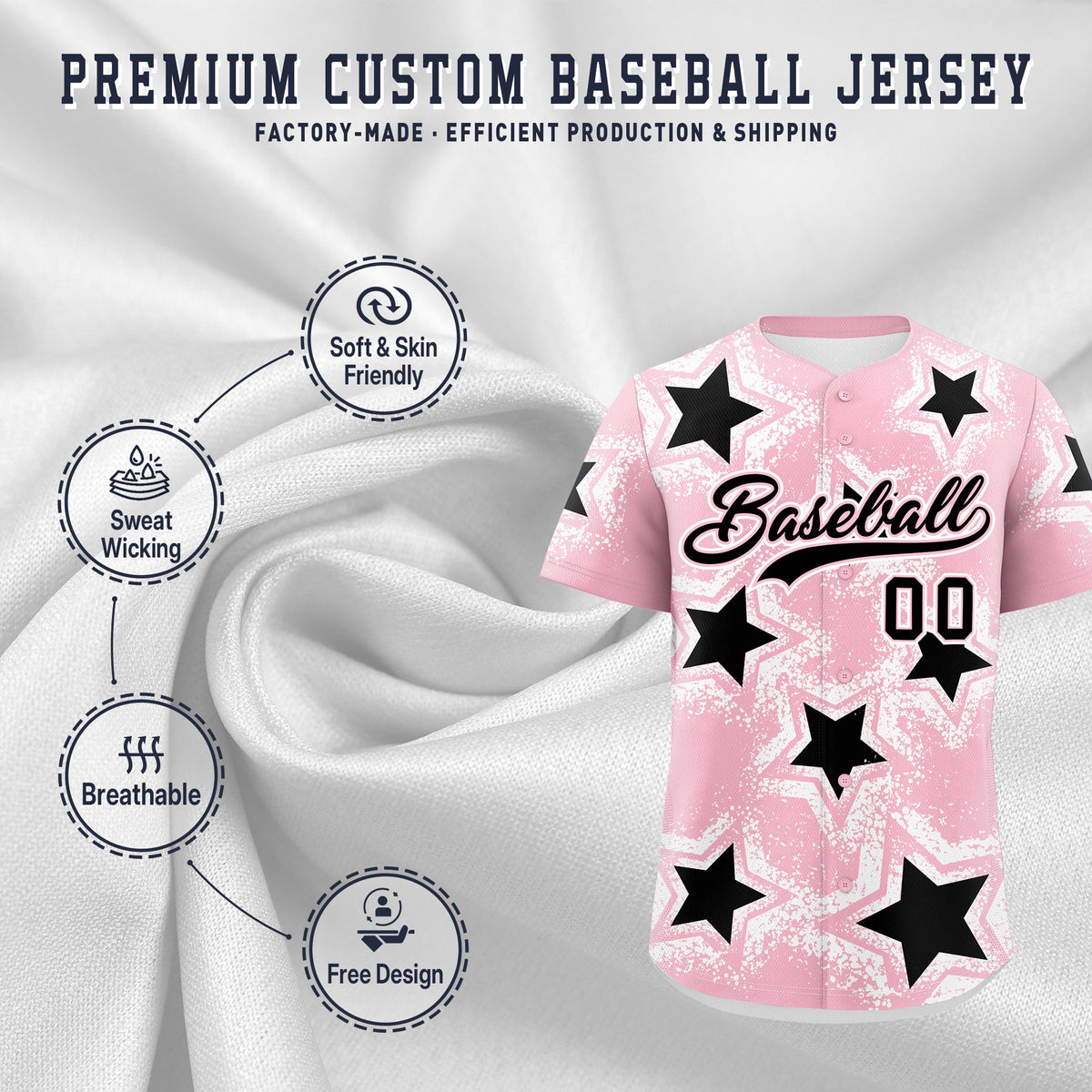 Custom Light Pink White Black Star Graffiti Team Baseball Jerseys With Custom Names, Numbers & Logos Stretch Fabric Baseball Jersey| KXKSHOP