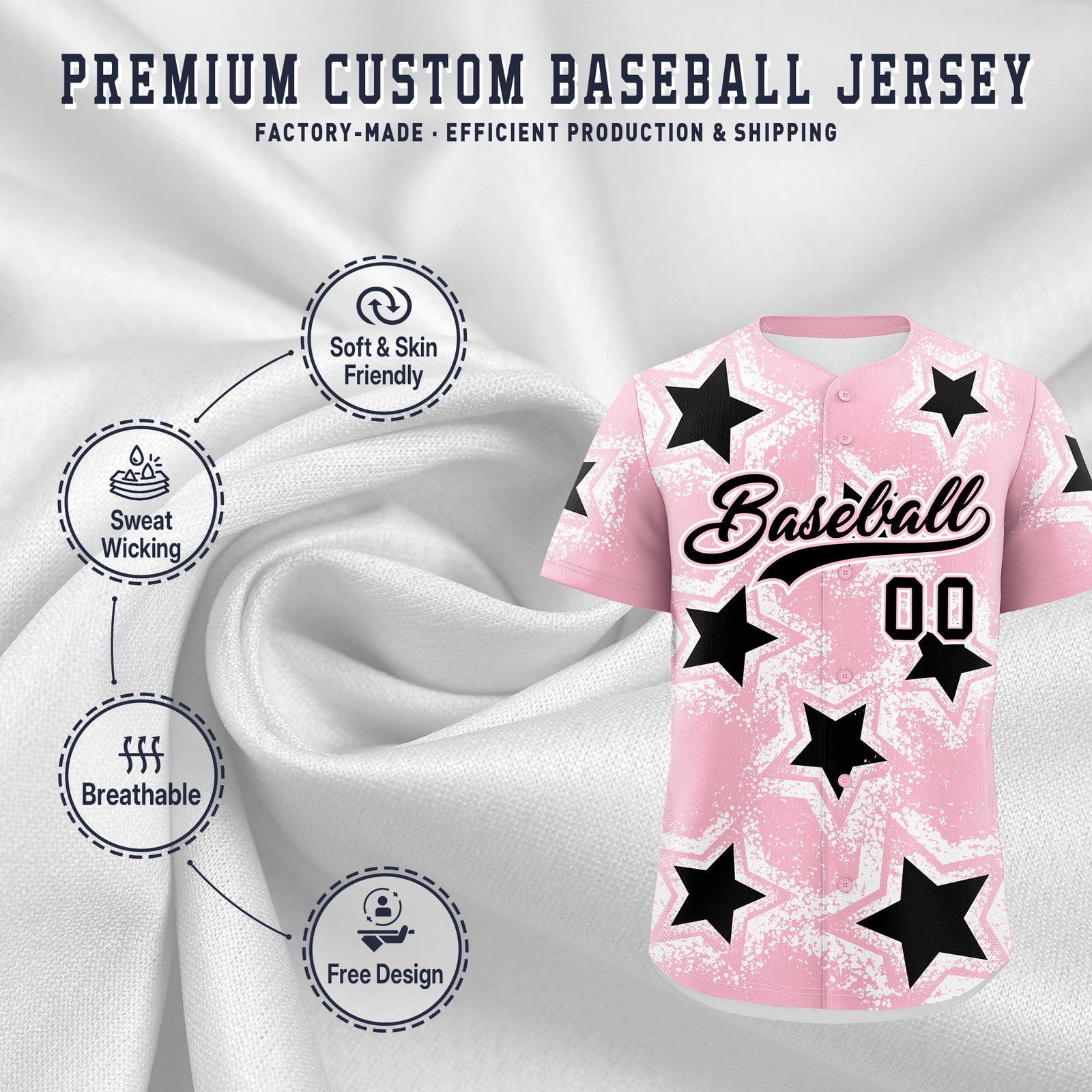 Custom Light Pink White Black Star Graffiti Team Baseball Jerseys With Custom Names, Numbers & Logos Stretch Fabric Baseball Jersey| KXKSHOP