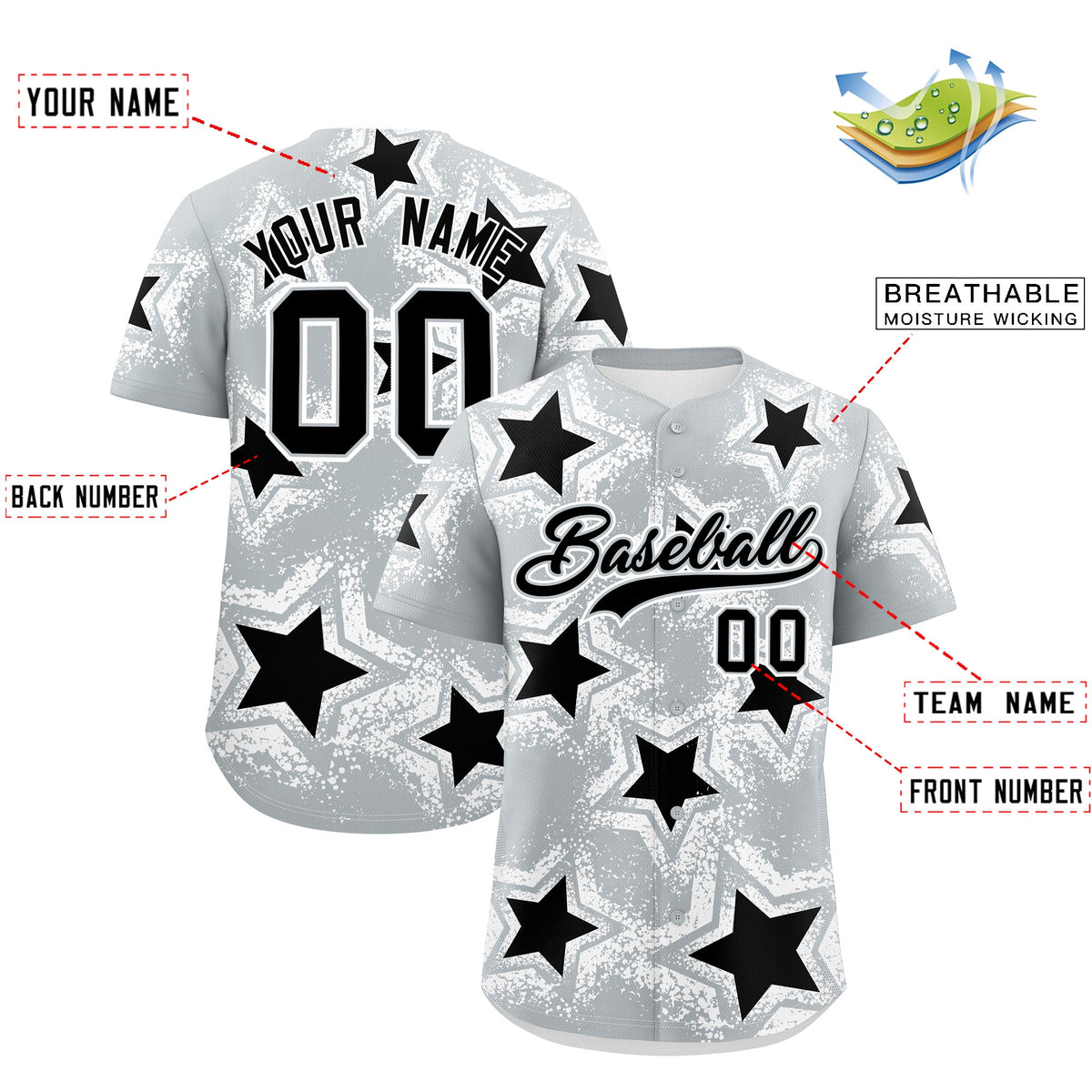 Custom Silver Black White Star Graffiti Team Baseball Jerseys With Custom Names, Numbers & Logos Stretch Fabric Baseball Jersey| KXKSHOP