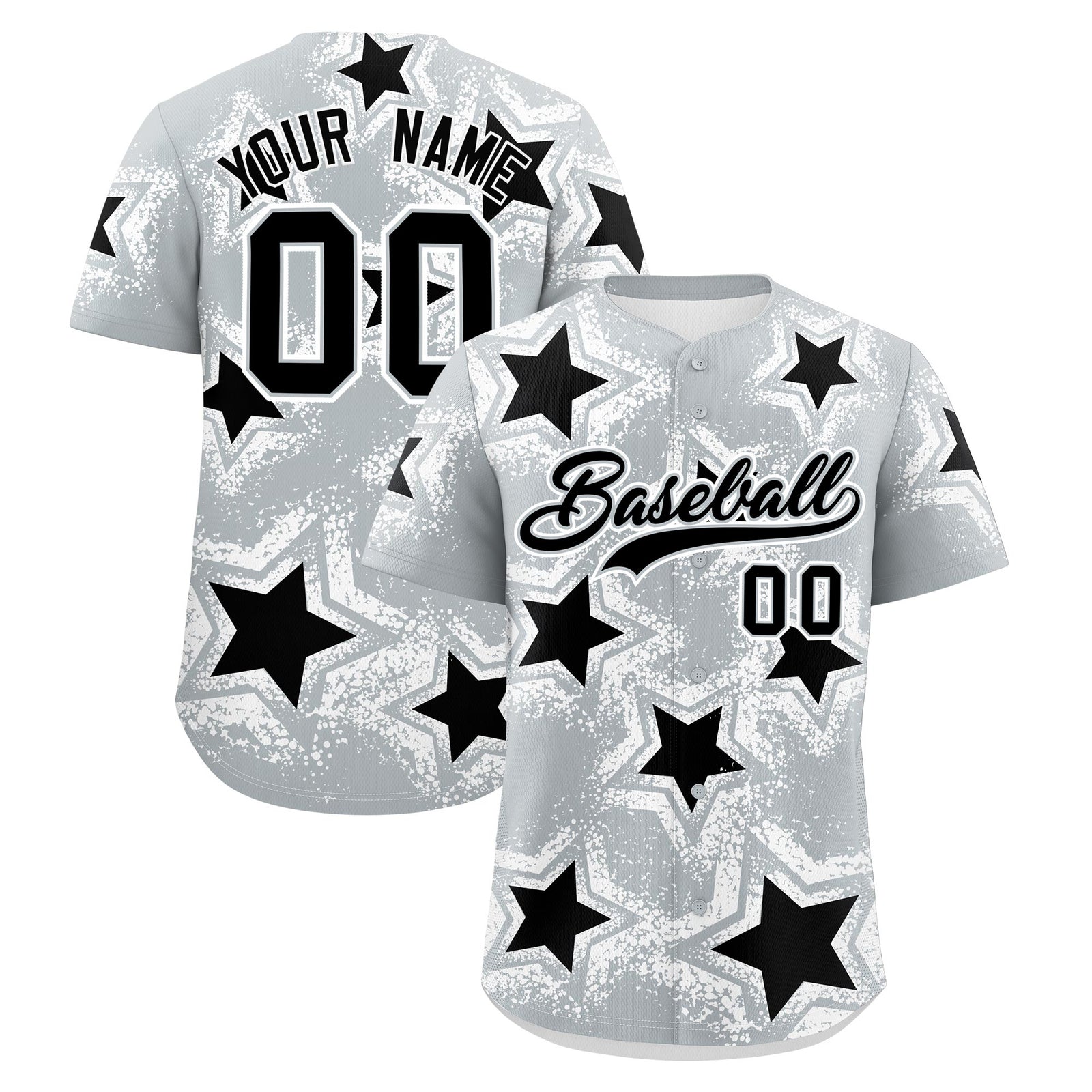 Custom Silver Black White Star Graffiti Team Baseball Jerseys With Custom Names, Numbers & Logos Stretch Fabric Baseball Jersey| KXKSHOP