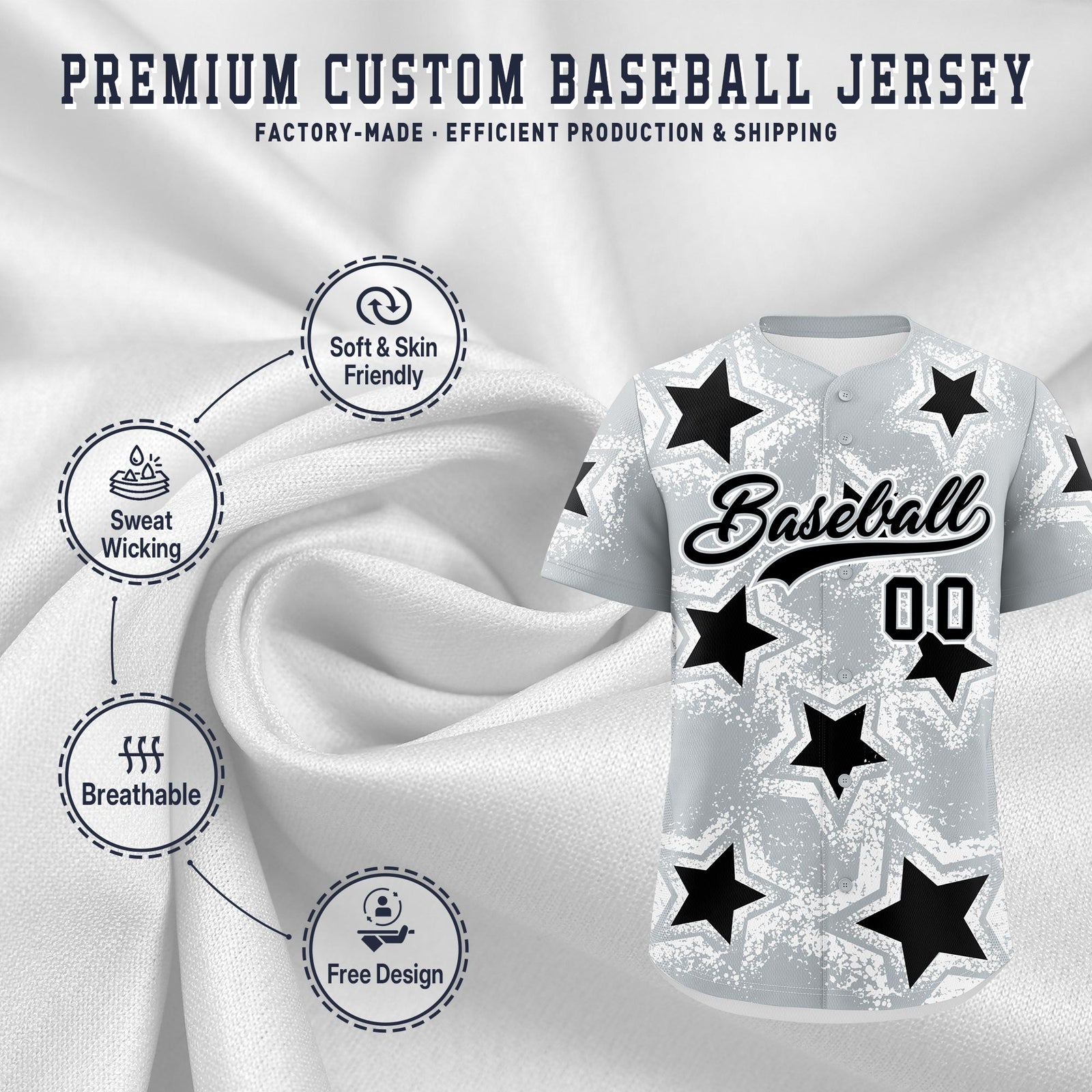 Custom Silver Black White Star Graffiti Team Baseball Jerseys With Custom Names, Numbers & Logos Stretch Fabric Baseball Jersey| KXKSHOP