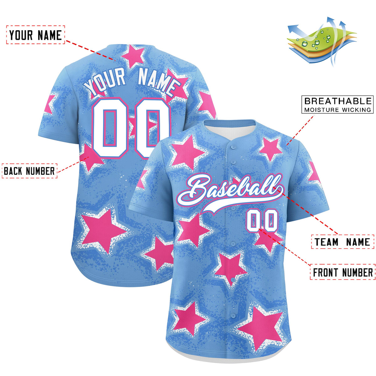 Custom Light Blue Powder Blue White Star Graffiti Team Baseball Jerseys With Custom Names, Numbers & Logos Lightweight Baseball Jersey| KXKSHOP