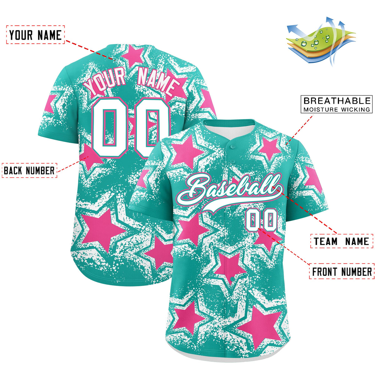 Custom Aqua White Pink Star Graffiti Team Baseball Jerseys With Custom Names, Numbers & Logos Stretch Fabric Baseball Jersey| KXKSHOP