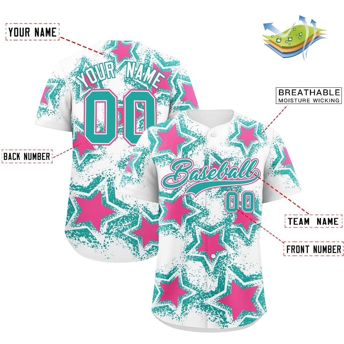 Custom White Aqua Pink Star Graffiti Team Baseball Jerseys With Custom Names, Numbers & Logos Stretch Fabric Baseball Jersey| KXKSHOP