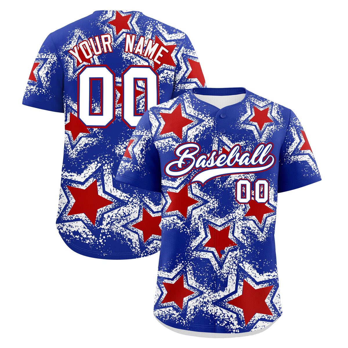 Custom Royal Blue White Red Star Graffiti Team Baseball Jerseys With Custom Names, Numbers & Logos Stretch Fabric Baseball Jersey| KXKSHOP