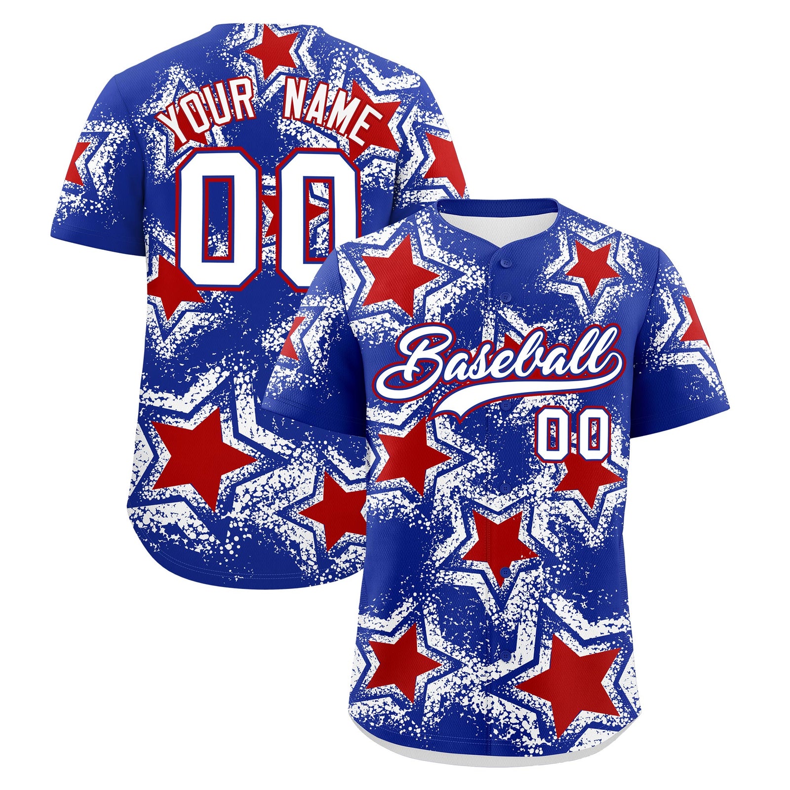 Custom Royal Blue White Red Star Graffiti Team Baseball Jerseys With Custom Names, Numbers & Logos Stretch Fabric Baseball Jersey| KXKSHOP