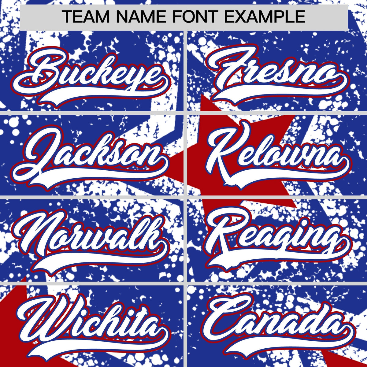 Custom Royal Blue White Red Star Graffiti Team Baseball Jerseys With Custom Names, Numbers & Logos Stretch Fabric Baseball Jersey| KXKSHOP