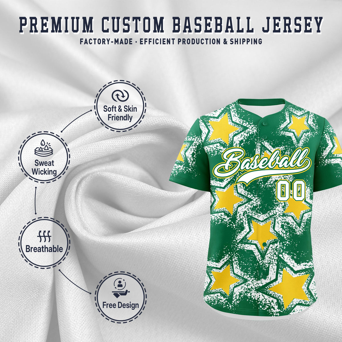 Custom Kelly Green White Gold Star Graffiti Team Baseball Jerseys With Custom Names, Numbers & Logos Stretch Fabric Baseball Jersey| KXKSHOP