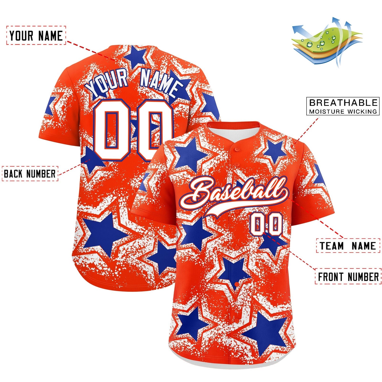Custom Orange White Royal Blue Star Graffiti Team Baseball Jerseys With Custom Names, Numbers & Logos Lightweight Baseball Jersey| KXKSHOP