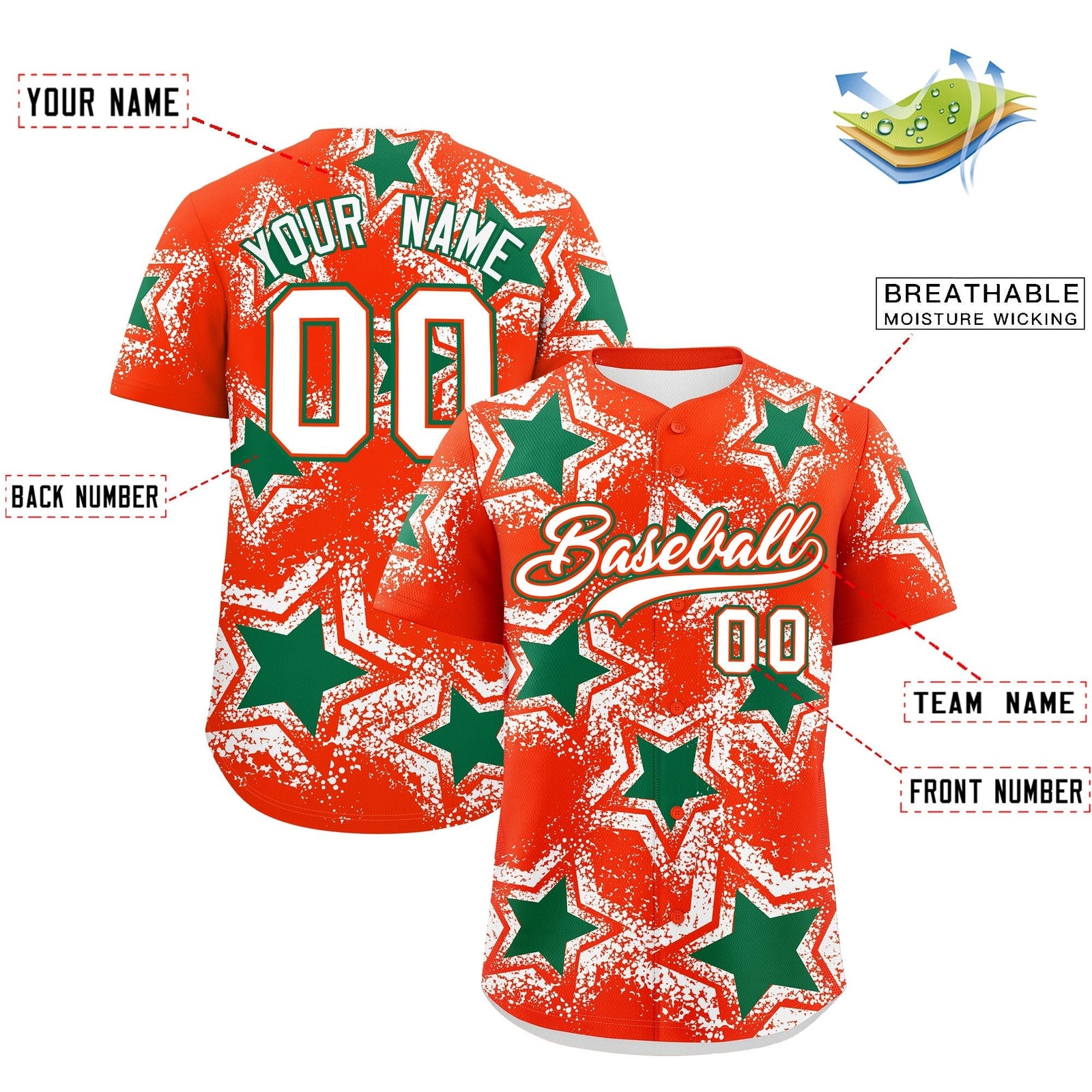 Custom Orange White Kelly Green Star Graffiti Team Baseball Jerseys With Custom Names, Numbers & Logos Lightweight Baseball Jersey| KXKSHOP