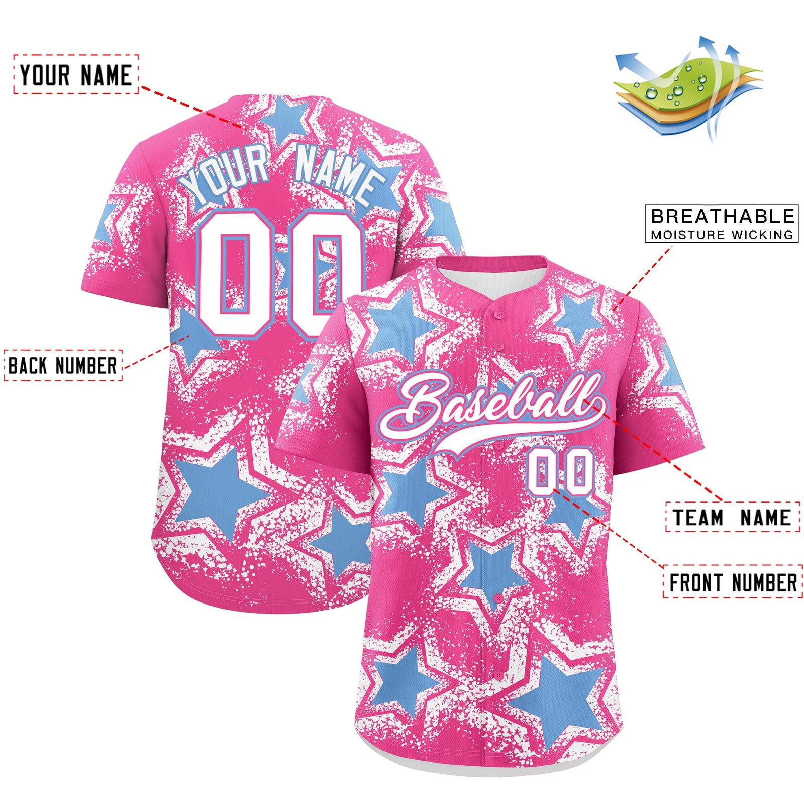 Custom Pink White Light Blue Star Graffiti Team Baseball Jerseys With Custom Names, Numbers & Logos Lightweight Baseball Jersey| KXKSHOP