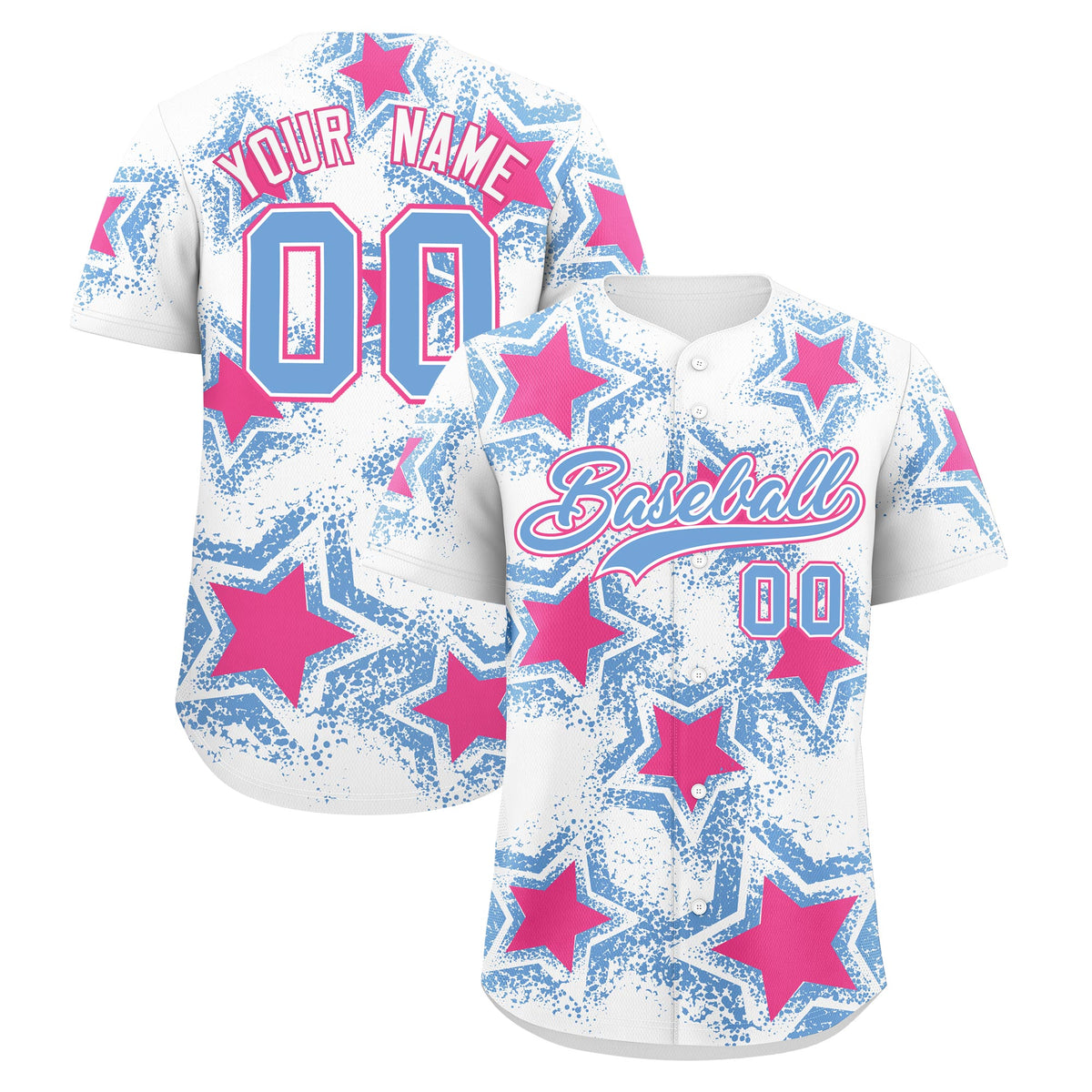 Custom White Light Blue Pink Star Graffiti Team Baseball Jerseys With Custom Names, Numbers & Logos Stretch Fabric Baseball Jersey| KXKSHOP