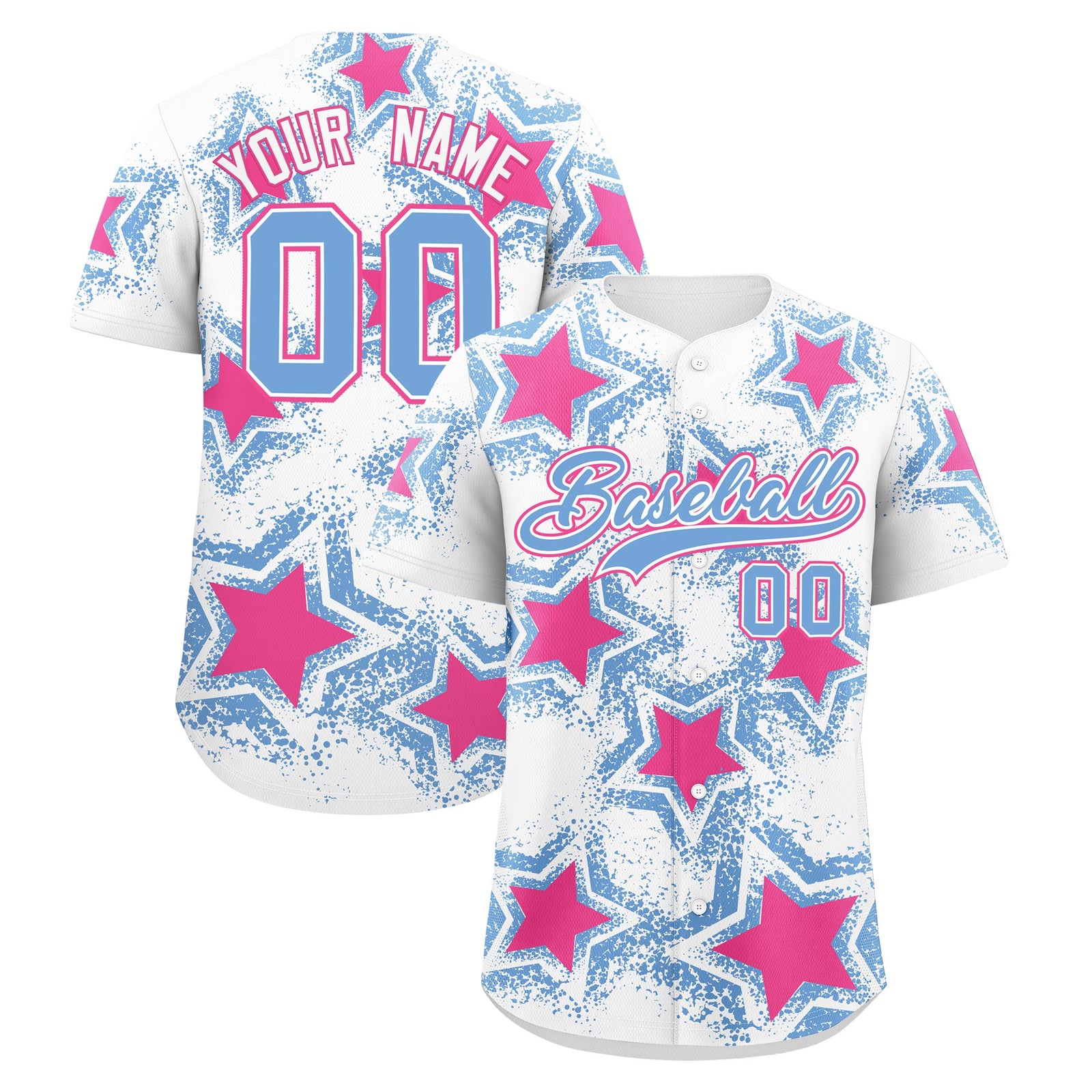 Custom White Light Blue Pink Star Graffiti Team Baseball Jerseys With Custom Names, Numbers & Logos Stretch Fabric Baseball Jersey| KXKSHOP