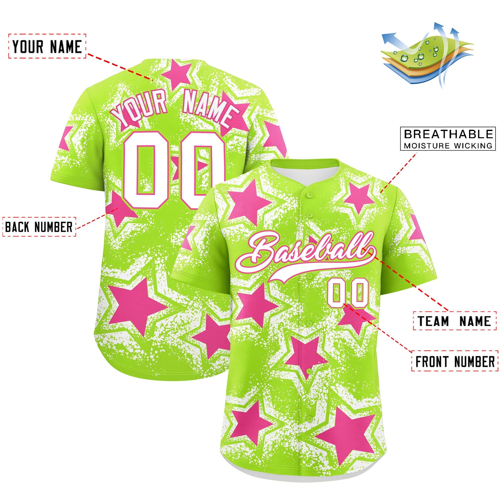 Custom Neon Green White Pink Star Graffiti Team Baseball Jerseys With Custom Names, Numbers & Logos Stretch Fabric Baseball Jersey| KXKSHOP