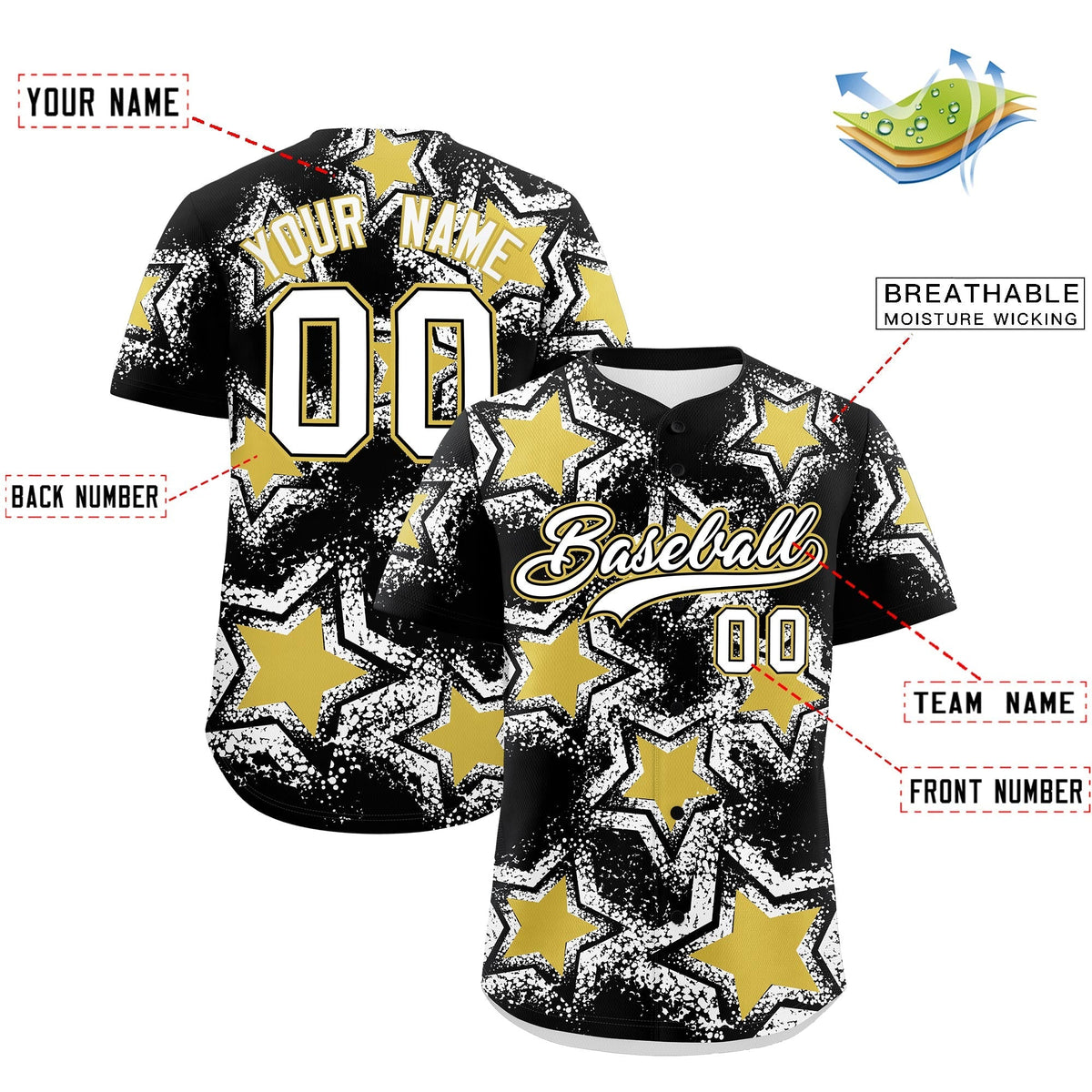Custom Black White Old Gold Star Graffiti Team Baseball Jerseys With Custom Names, Numbers & Logos Lightweight Baseball Jersey| KXKSHOP